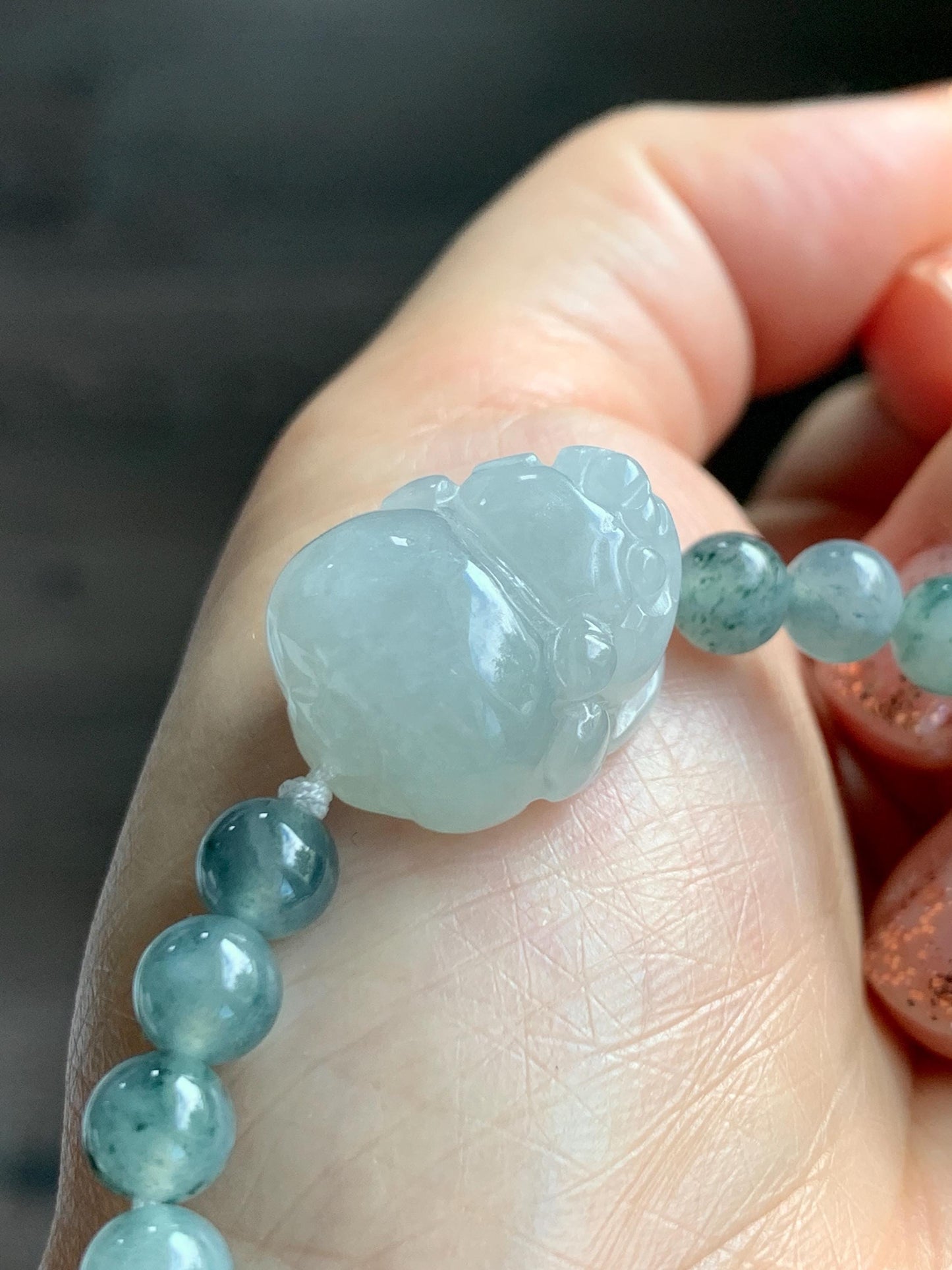 Natural Grade A Icy Translucent Pastel Green Jade Jadeite Carved Three-legged Toad Beaded Bracelet 6.5” 18g 天然糯冰淡绿底翡翠肥三脚金蟾手串 BSJ216