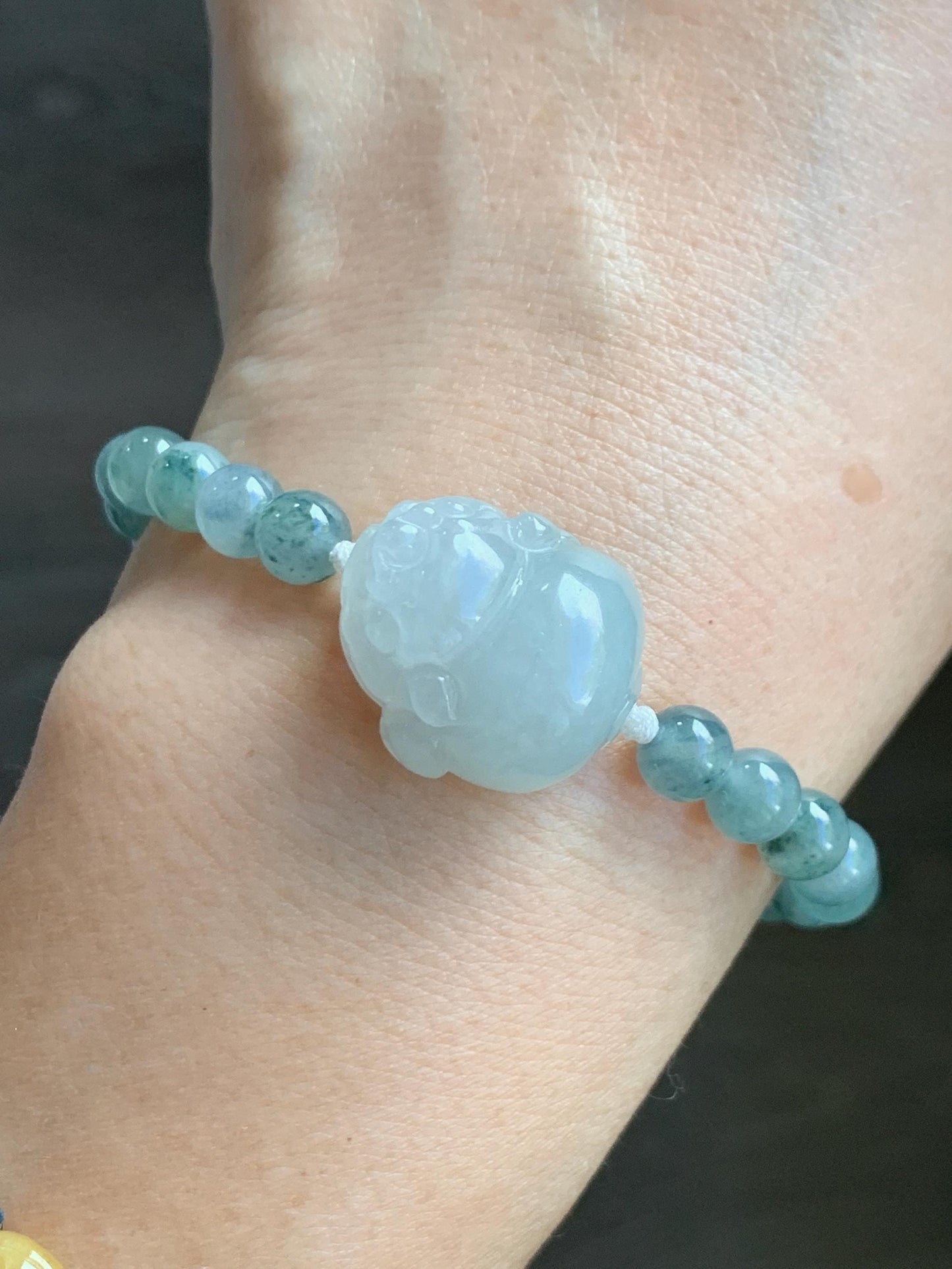 Natural Grade A Icy Translucent Pastel Green Jade Jadeite Carved Three-legged Toad Beaded Bracelet 6.5” 18g 天然糯冰淡绿底翡翠肥三脚金蟾手串 BSJ216