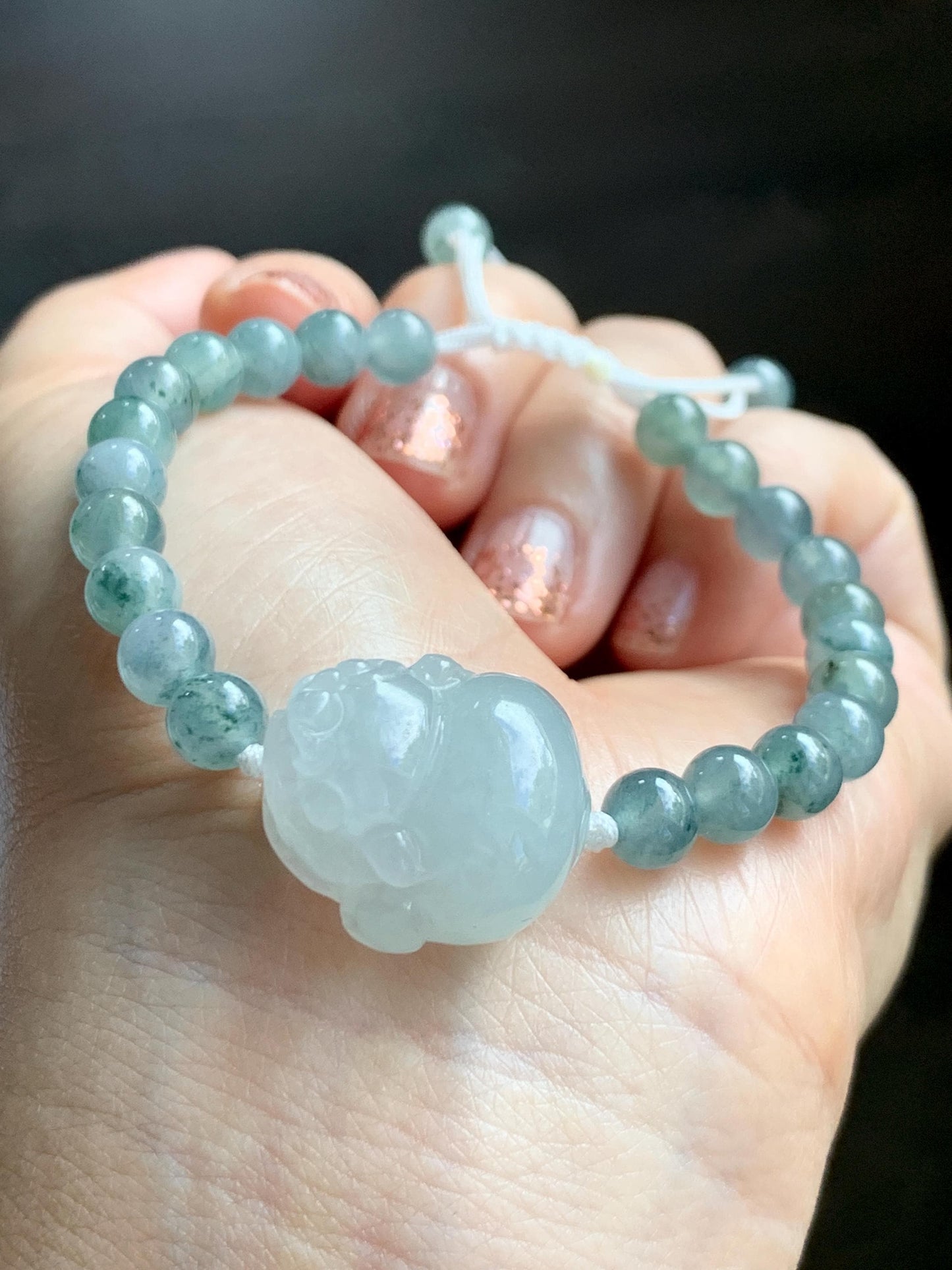 Natural Grade A Icy Translucent Pastel Green Jade Jadeite Carved Three-legged Toad Beaded Bracelet 6.5” 18g 天然糯冰淡绿底翡翠肥三脚金蟾手串 BSJ216