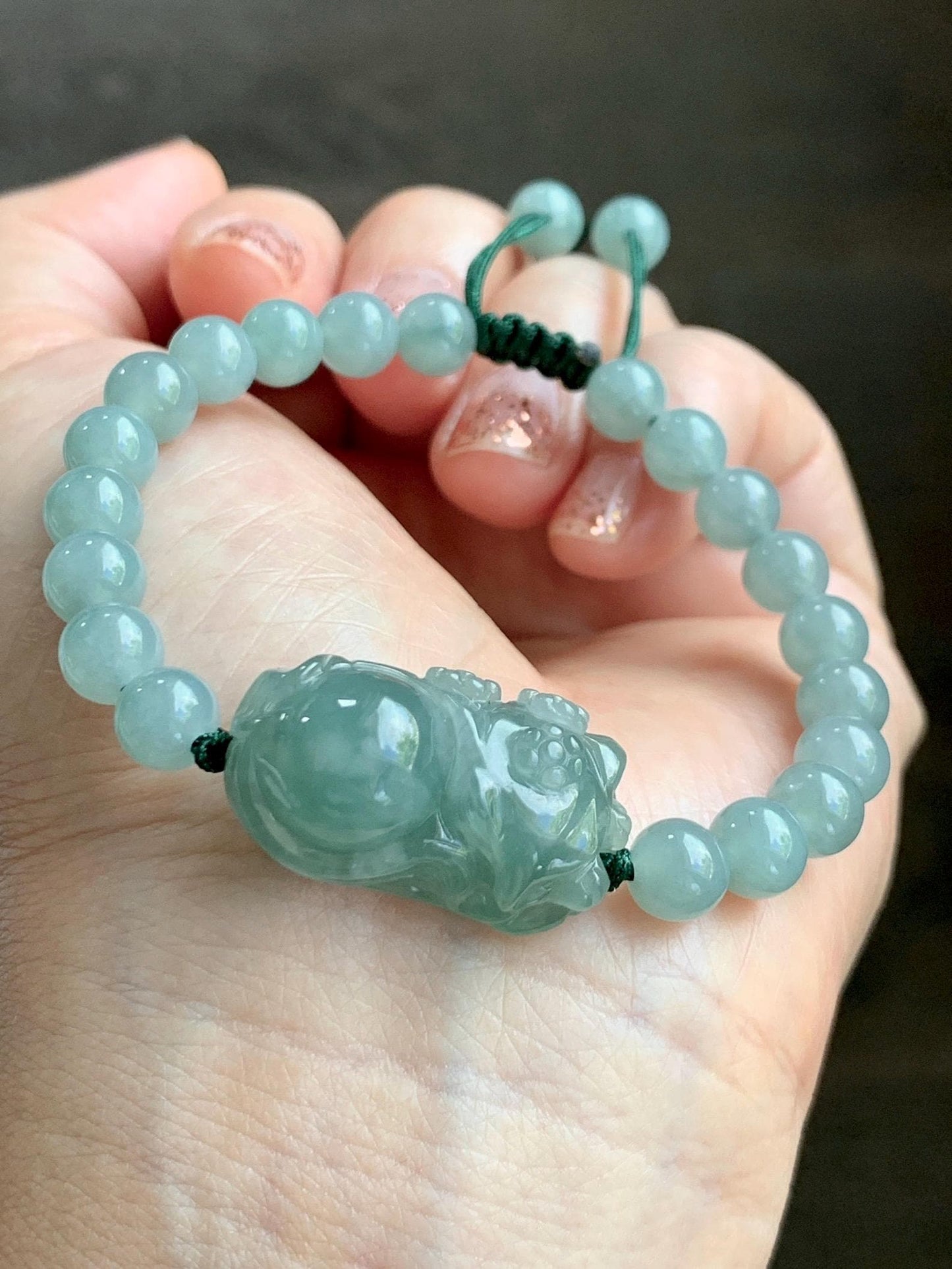Natural Grade A Icy Translucent Gelatinous Dusty Green Jade Jadeite Carved Nine-Tailed Fox Beaded Bracelet 6.75" 天然冰胶蓝绿翡翠九尾狐淡绿翡翠圆珠手串 MJW362