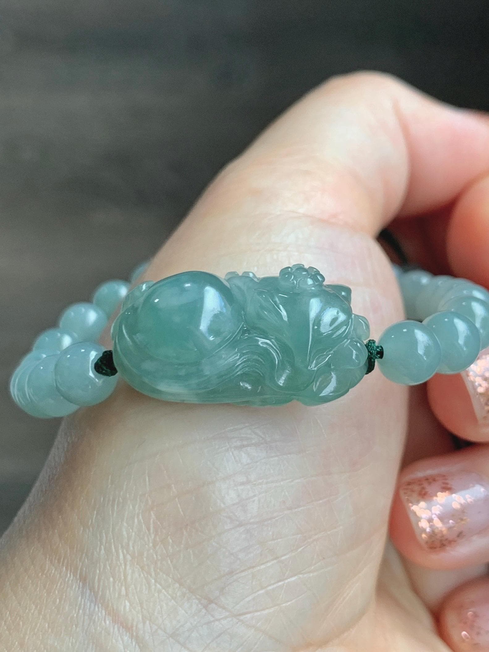 Natural Grade A Icy Translucent Gelatinous Dusty Green Jade Jadeite Carved Nine-Tailed Fox Beaded Bracelet 6.75" 天然冰胶蓝绿翡翠九尾狐淡绿翡翠圆珠手串 MJW362