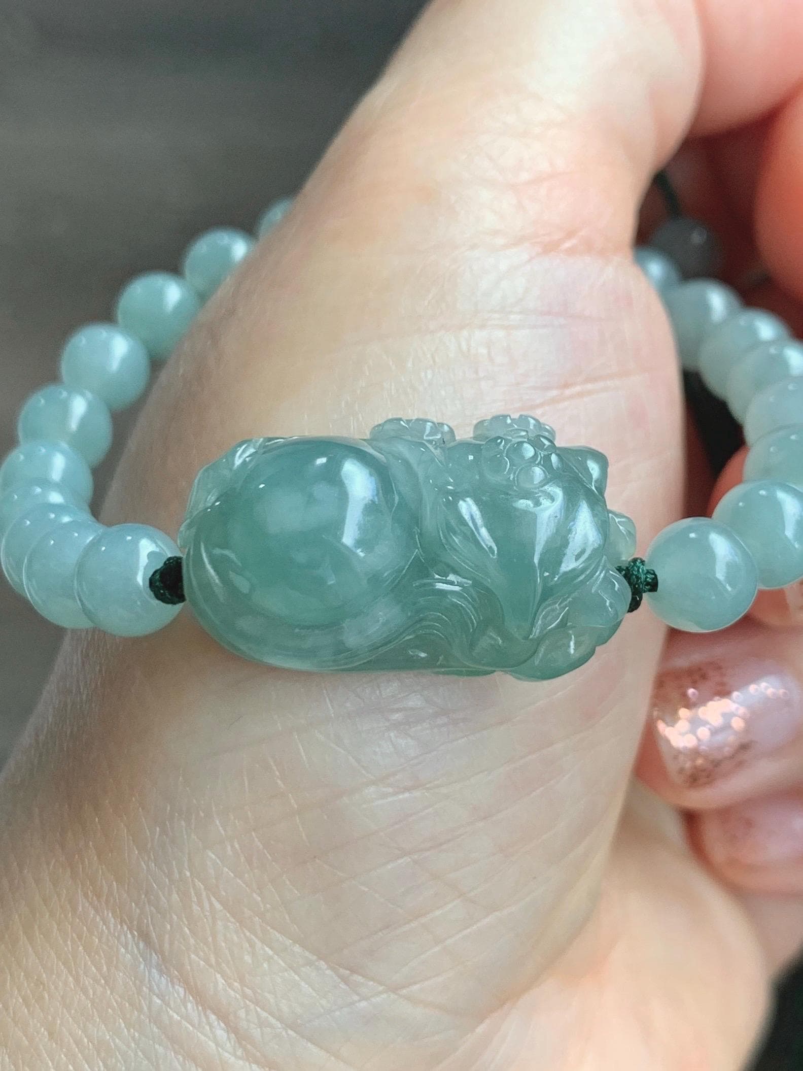 Natural Grade A Icy Translucent Gelatinous Dusty Green Jade Jadeite Carved Nine-Tailed Fox Beaded Bracelet 6.75" 天然冰胶蓝绿翡翠九尾狐淡绿翡翠圆珠手串 MJW362
