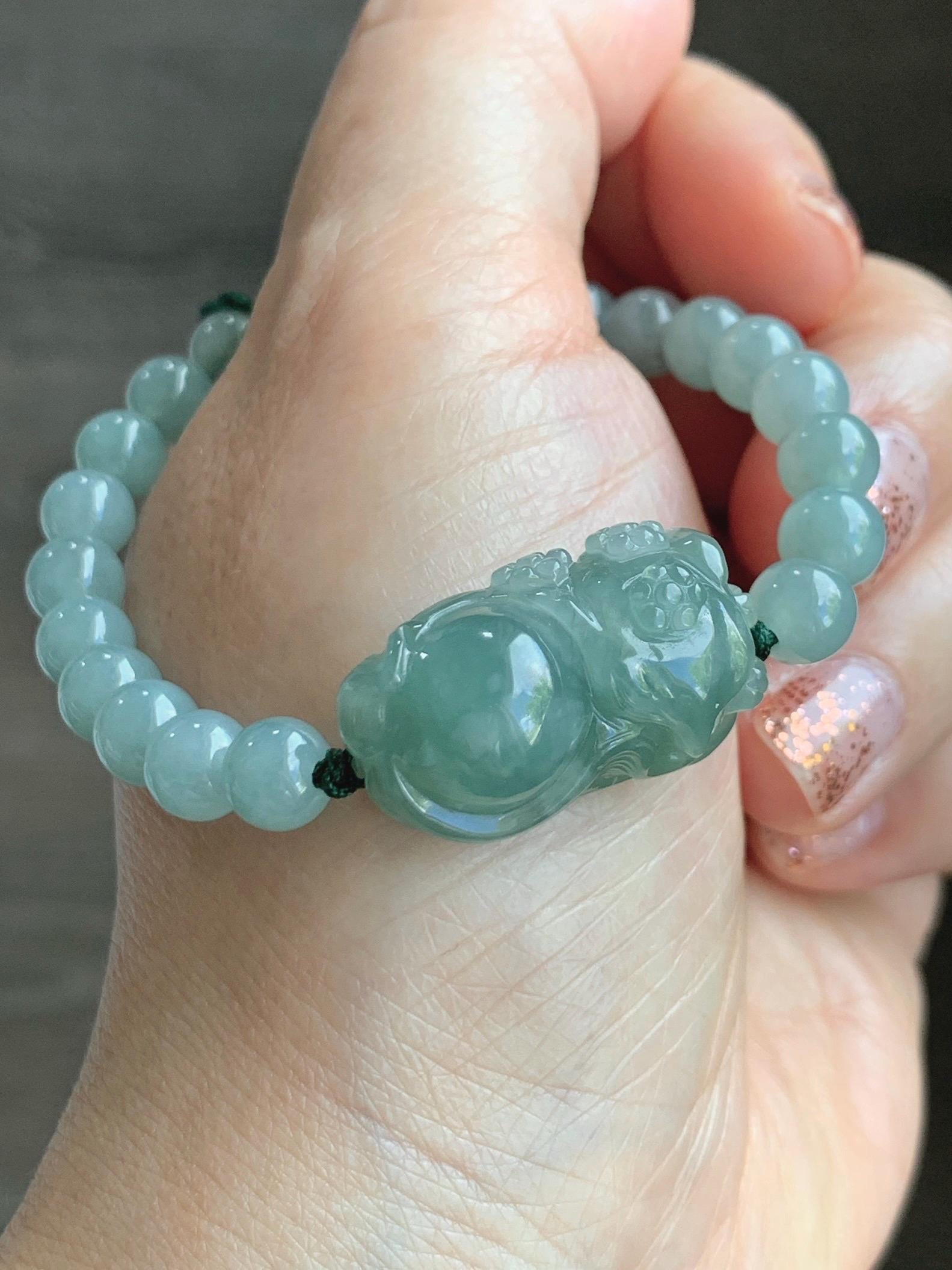 Natural Grade A Icy Translucent Gelatinous Dusty Green Jade Jadeite Carved Nine-Tailed Fox Beaded Bracelet 6.75" 天然冰胶蓝绿翡翠九尾狐淡绿翡翠圆珠手串 MJW362
