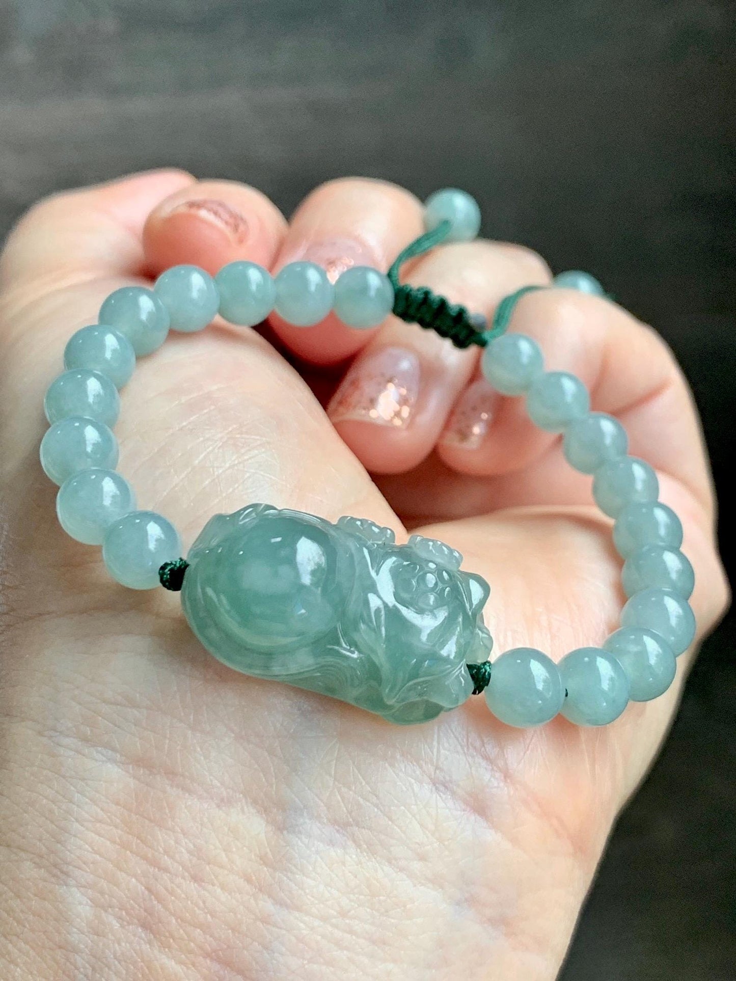 Natural Grade A Icy Translucent Gelatinous Dusty Green Jade Jadeite Carved Nine-Tailed Fox Beaded Bracelet 6.75" 天然冰胶蓝绿翡翠九尾狐淡绿翡翠圆珠手串 MJW362