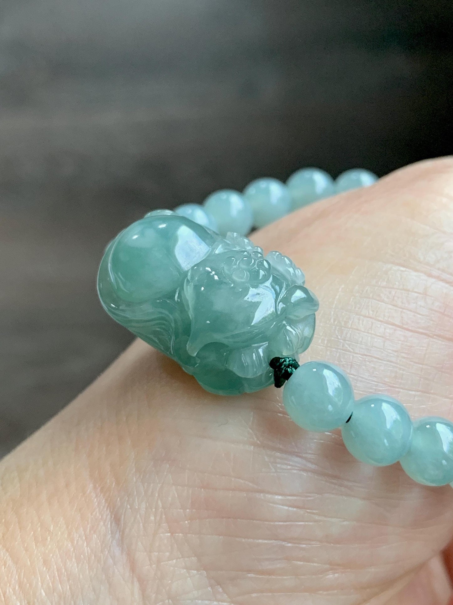 Natural Grade A Icy Translucent Gelatinous Dusty Green Jade Jadeite Carved Nine-Tailed Fox Beaded Bracelet 6.75" 天然冰胶蓝绿翡翠九尾狐淡绿翡翠圆珠手串 MJW362