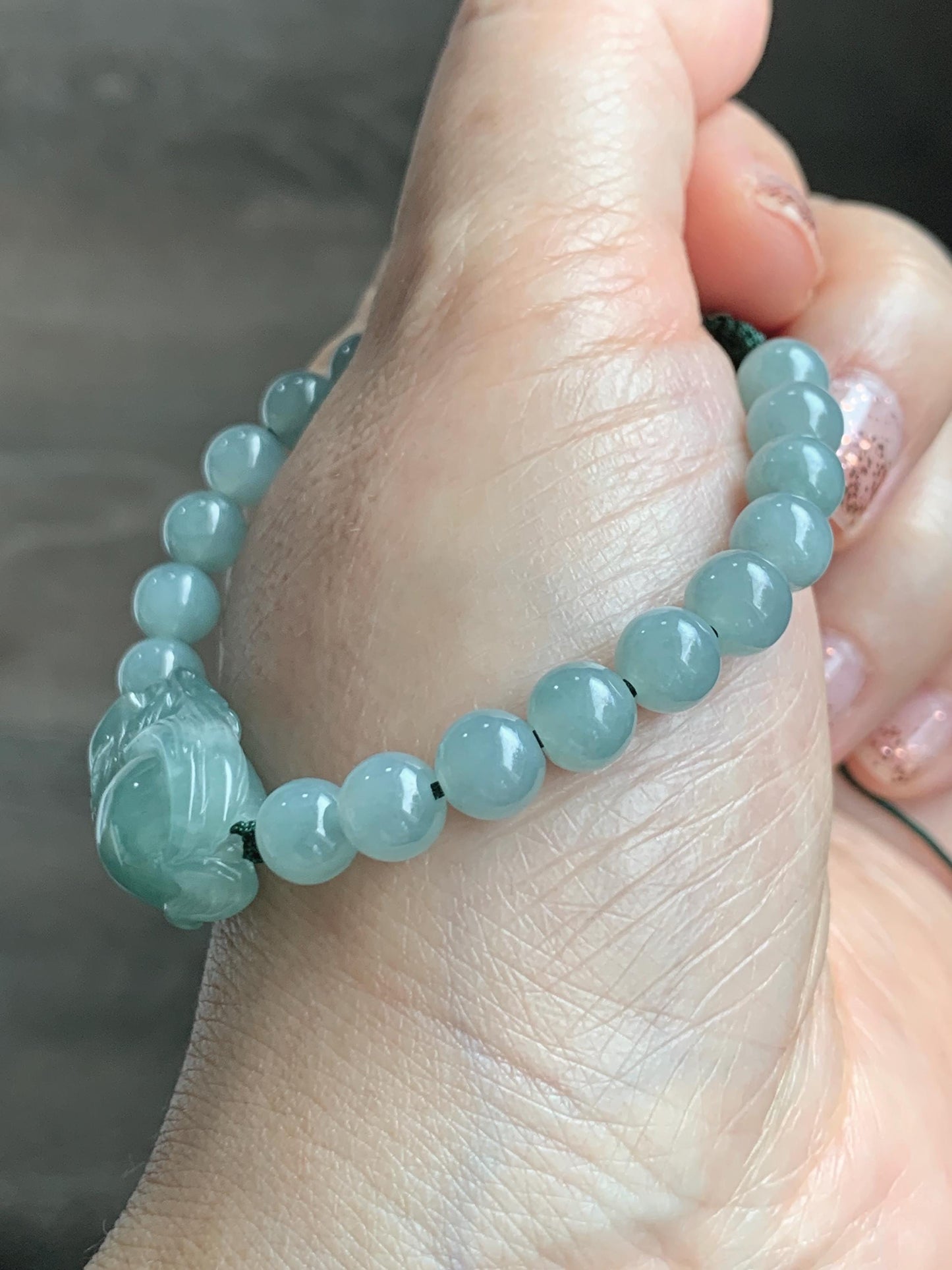 Natural Grade A Icy Translucent Gelatinous Dusty Green Jade Jadeite Carved Nine-Tailed Fox Beaded Bracelet 6.75" 天然冰胶蓝绿翡翠九尾狐淡绿翡翠圆珠手串 MJW362