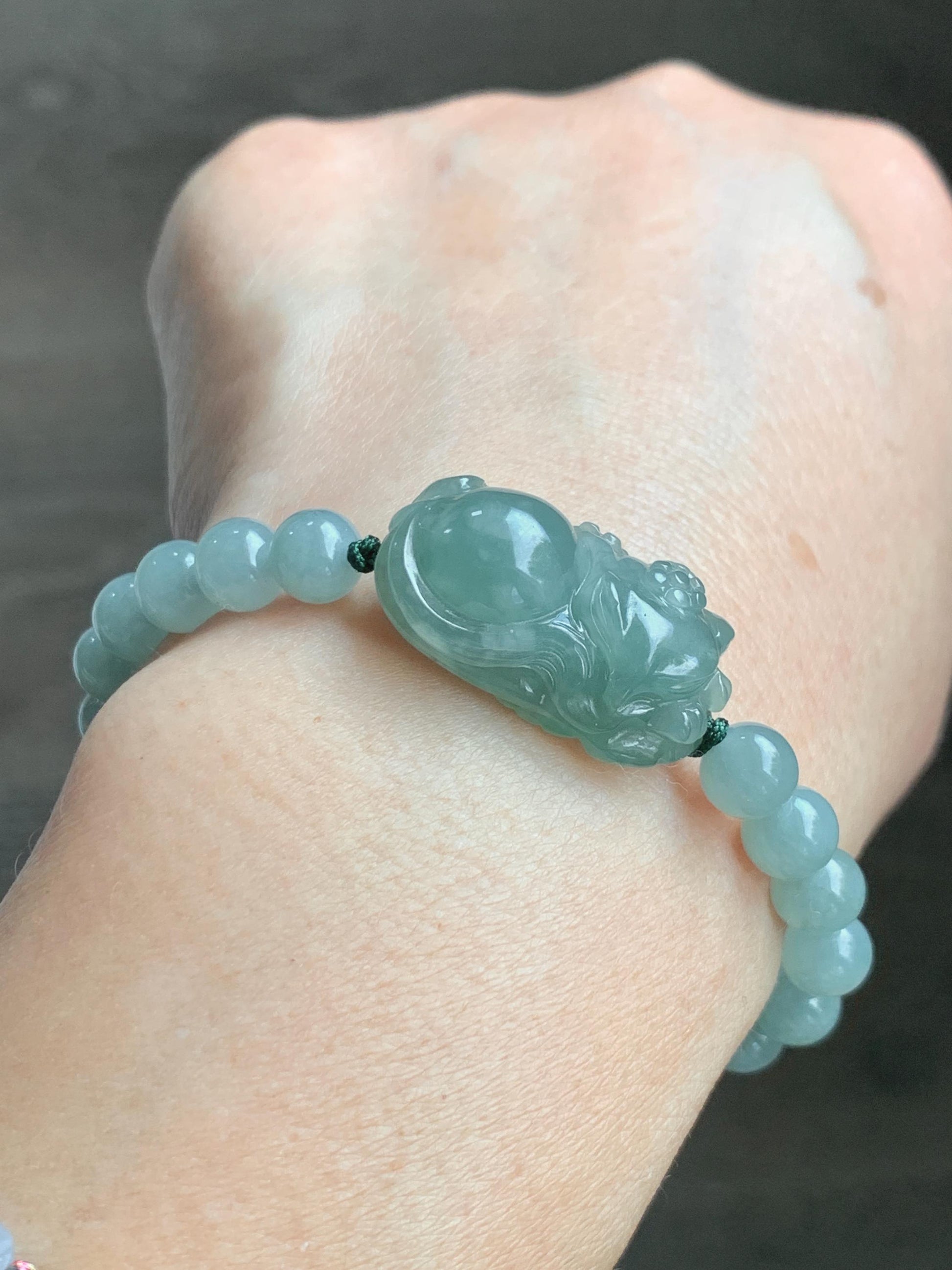 Natural Grade A Icy Translucent Gelatinous Dusty Green Jade Jadeite Carved Nine-Tailed Fox Beaded Bracelet 6.75" 天然冰胶蓝绿翡翠九尾狐淡绿翡翠圆珠手串 MJW362