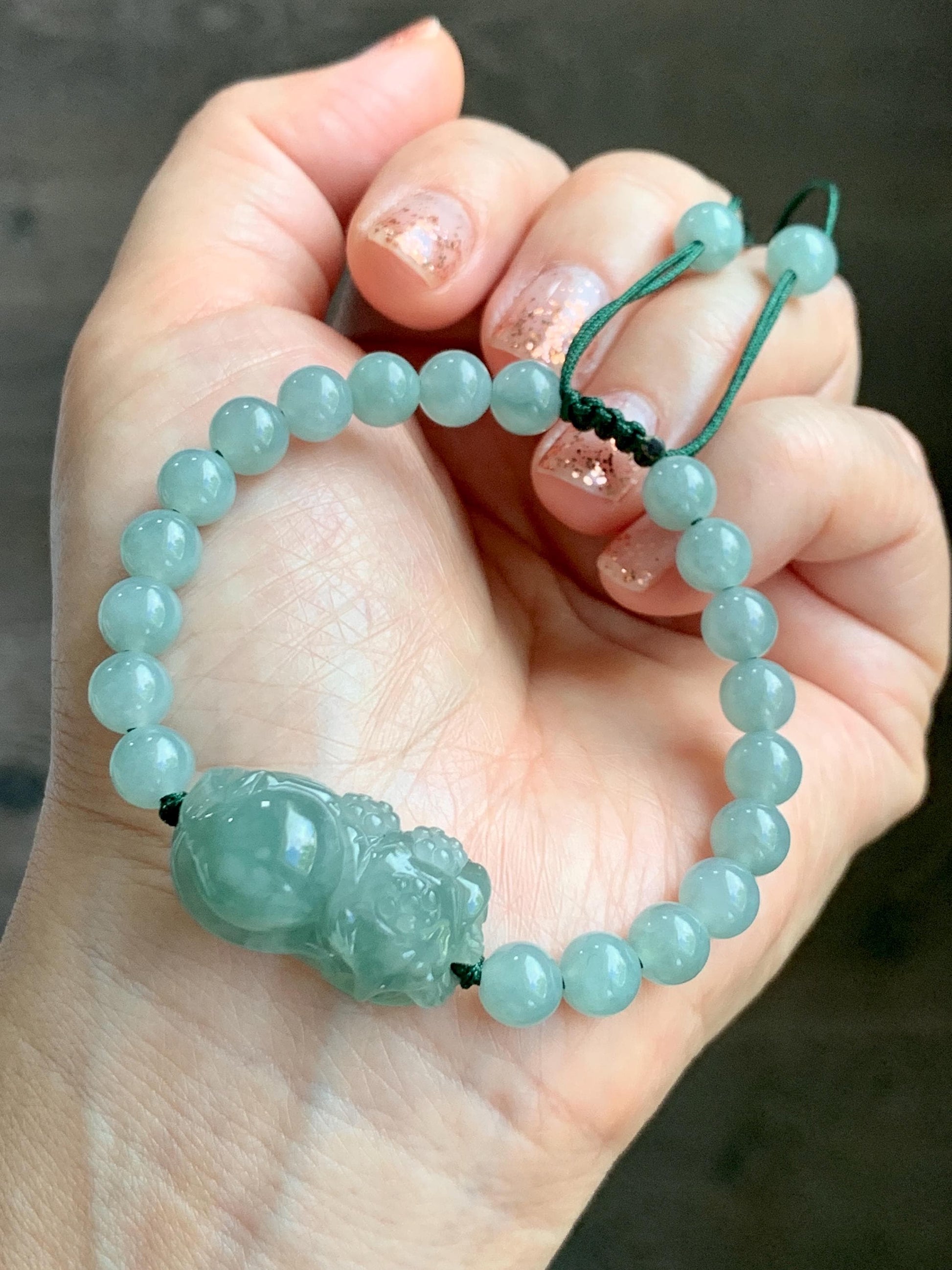 Natural Grade A Icy Translucent Gelatinous Dusty Green Jade Jadeite Carved Nine-Tailed Fox Beaded Bracelet 6.75" 天然冰胶蓝绿翡翠九尾狐淡绿翡翠圆珠手串 MJW362