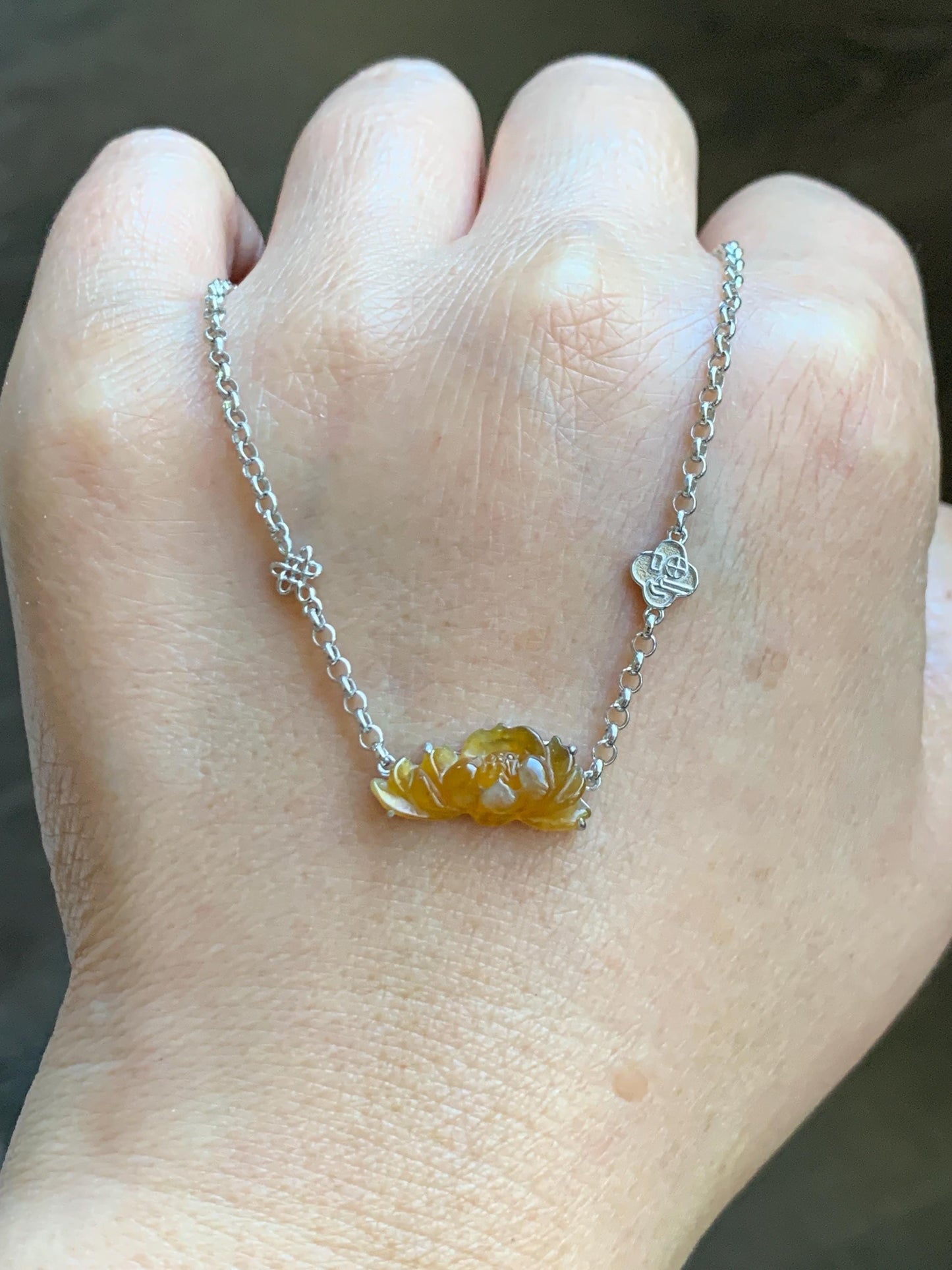 Certified Natural Grade A Icy Highly Translucent Intense Yellow Jade Jadeite Lotus Flower Bracelet Sterling Silver 6.25-7.5” 天然冰油黄翡翠莲花手链 167