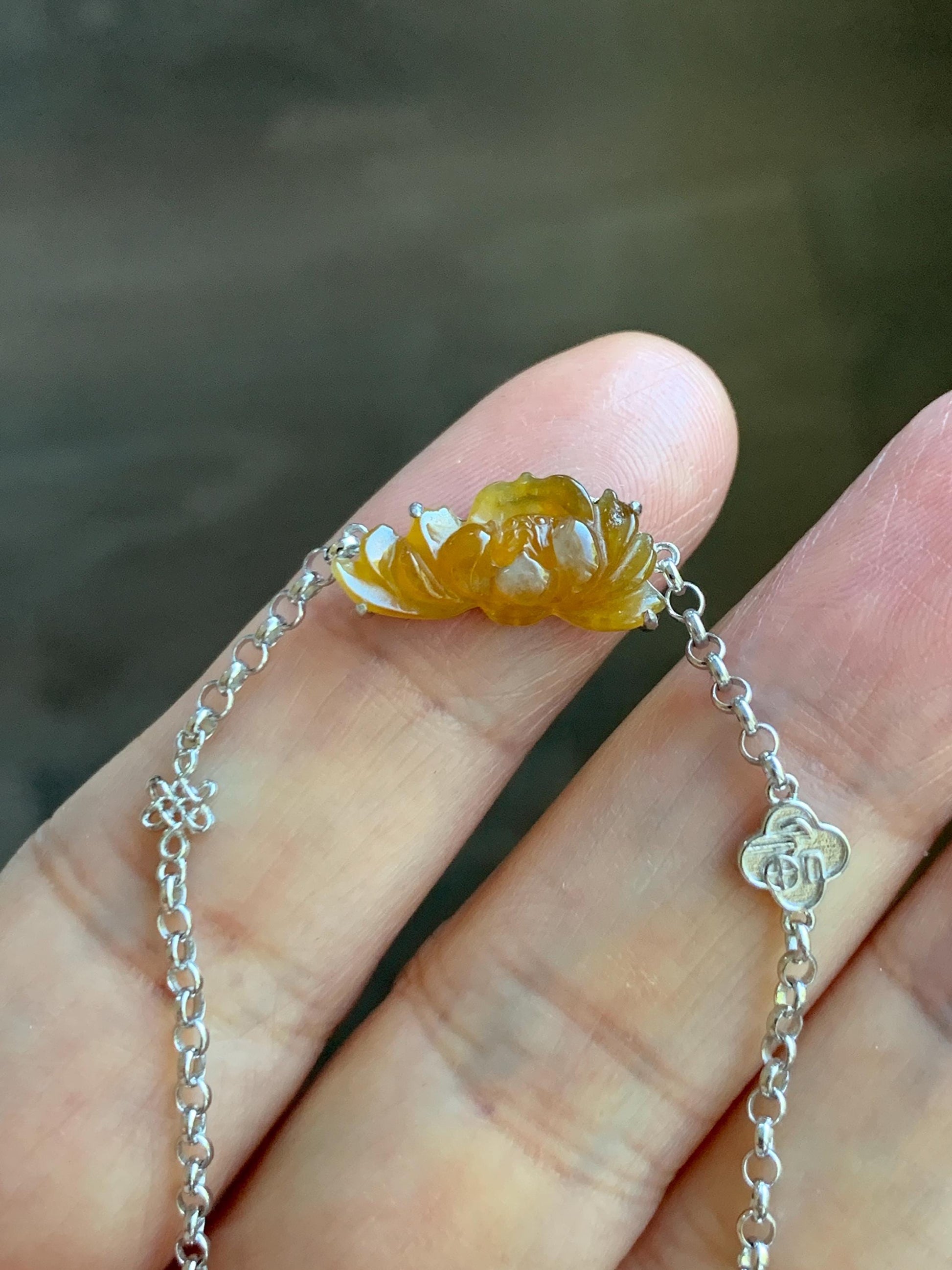 Certified Natural Grade A Icy Highly Translucent Intense Yellow Jade Jadeite Lotus Flower Bracelet Sterling Silver 6.25-7.5” 天然冰油黄翡翠莲花手链 167