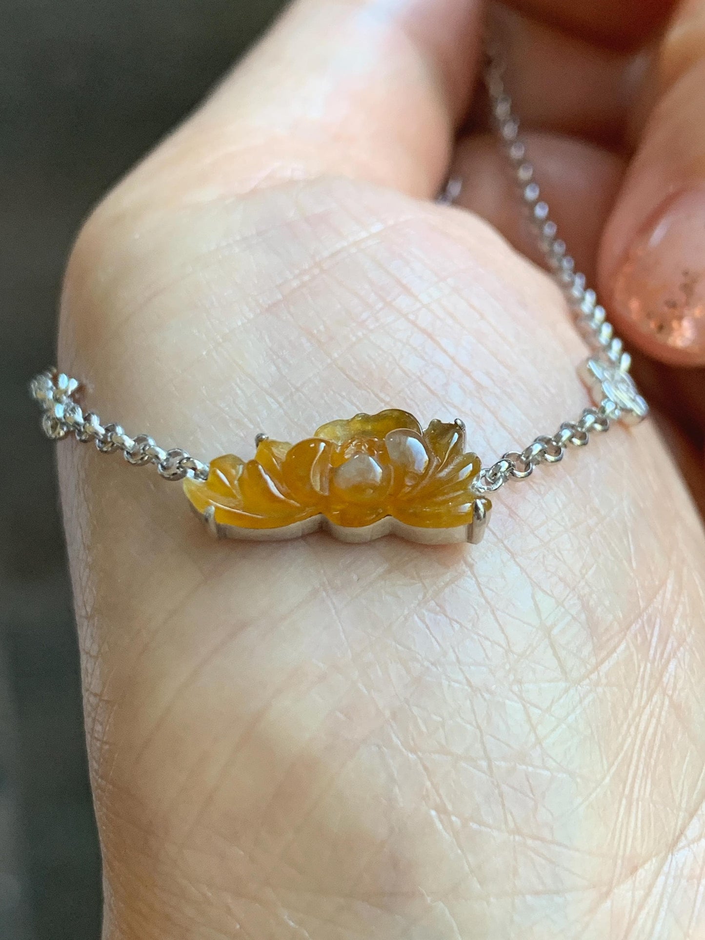 Certified Natural Grade A Icy Highly Translucent Intense Yellow Jade Jadeite Lotus Flower Bracelet Sterling Silver 6.25-7.5” 天然冰油黄翡翠莲花手链 167