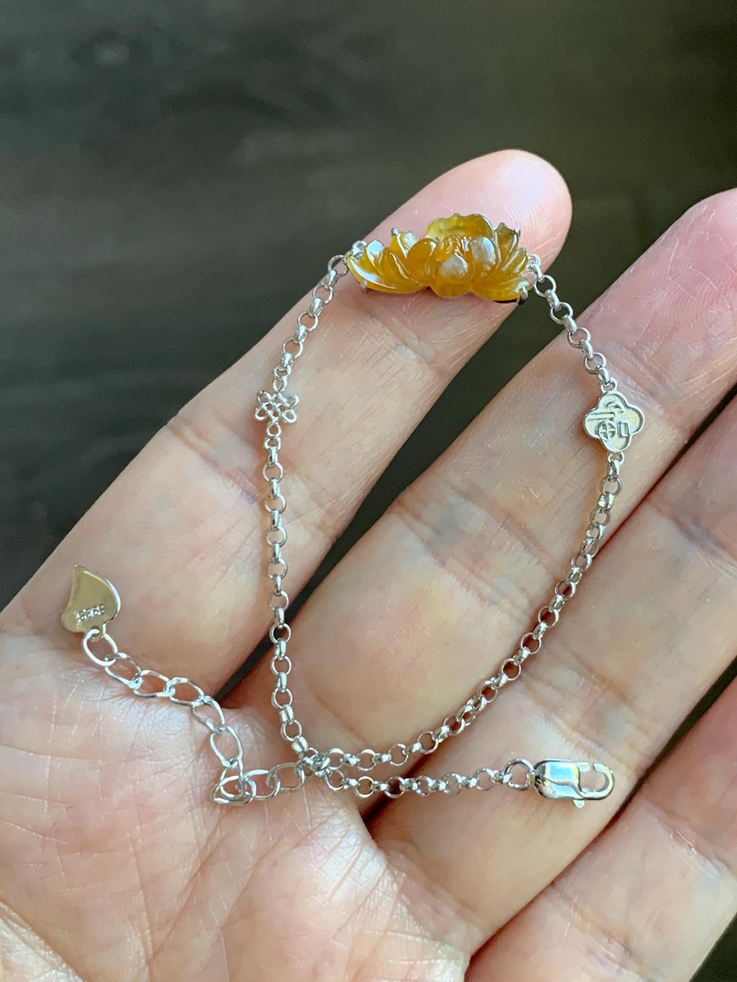 Certified Natural Grade A Icy Highly Translucent Intense Yellow Jade Jadeite Lotus Flower Bracelet Sterling Silver 6.25-7.5” 天然冰油黄翡翠莲花手链 167