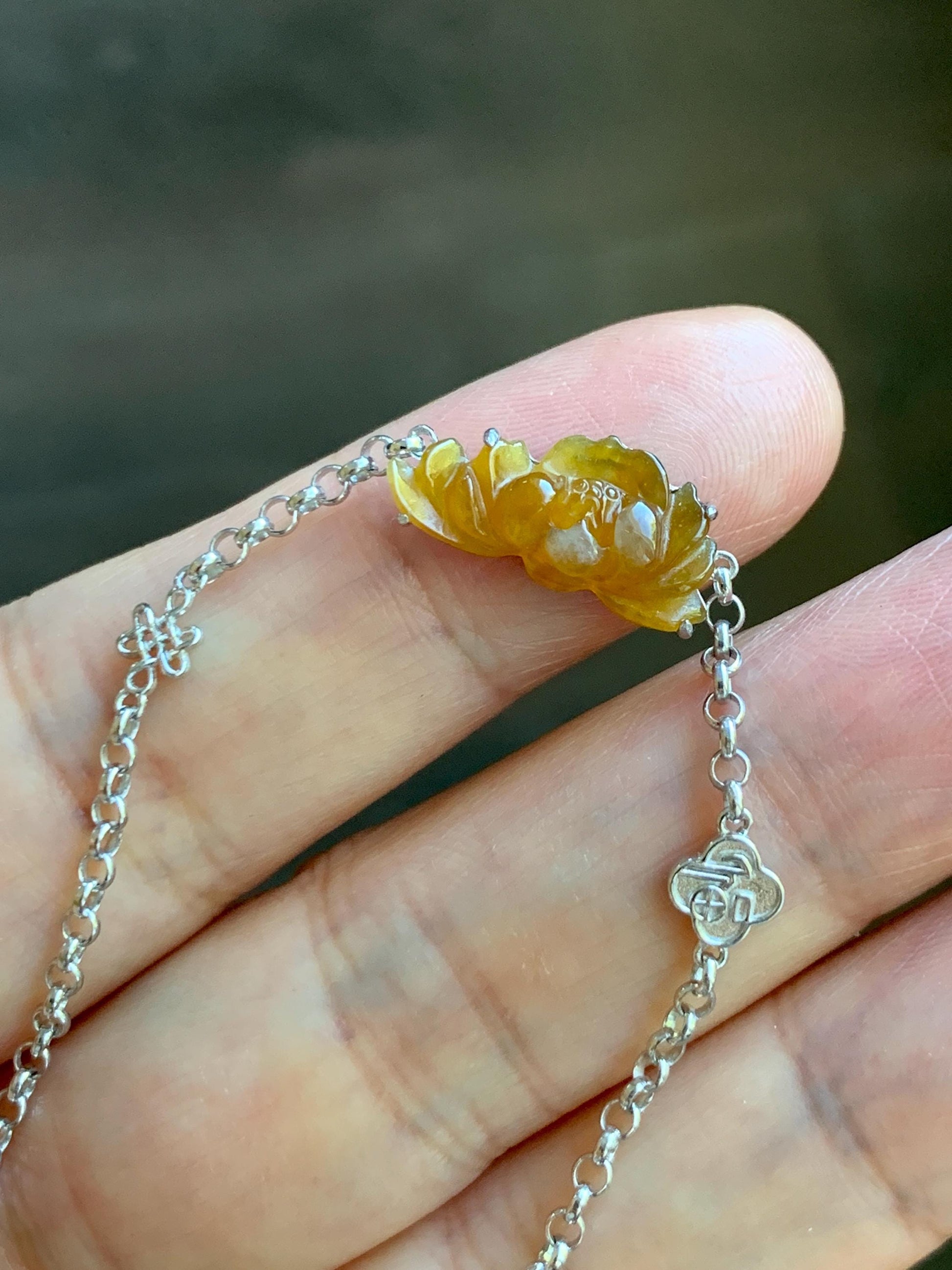 Certified Natural Grade A Icy Highly Translucent Intense Yellow Jade Jadeite Lotus Flower Bracelet Sterling Silver 6.25-7.5” 天然冰油黄翡翠莲花手链 167