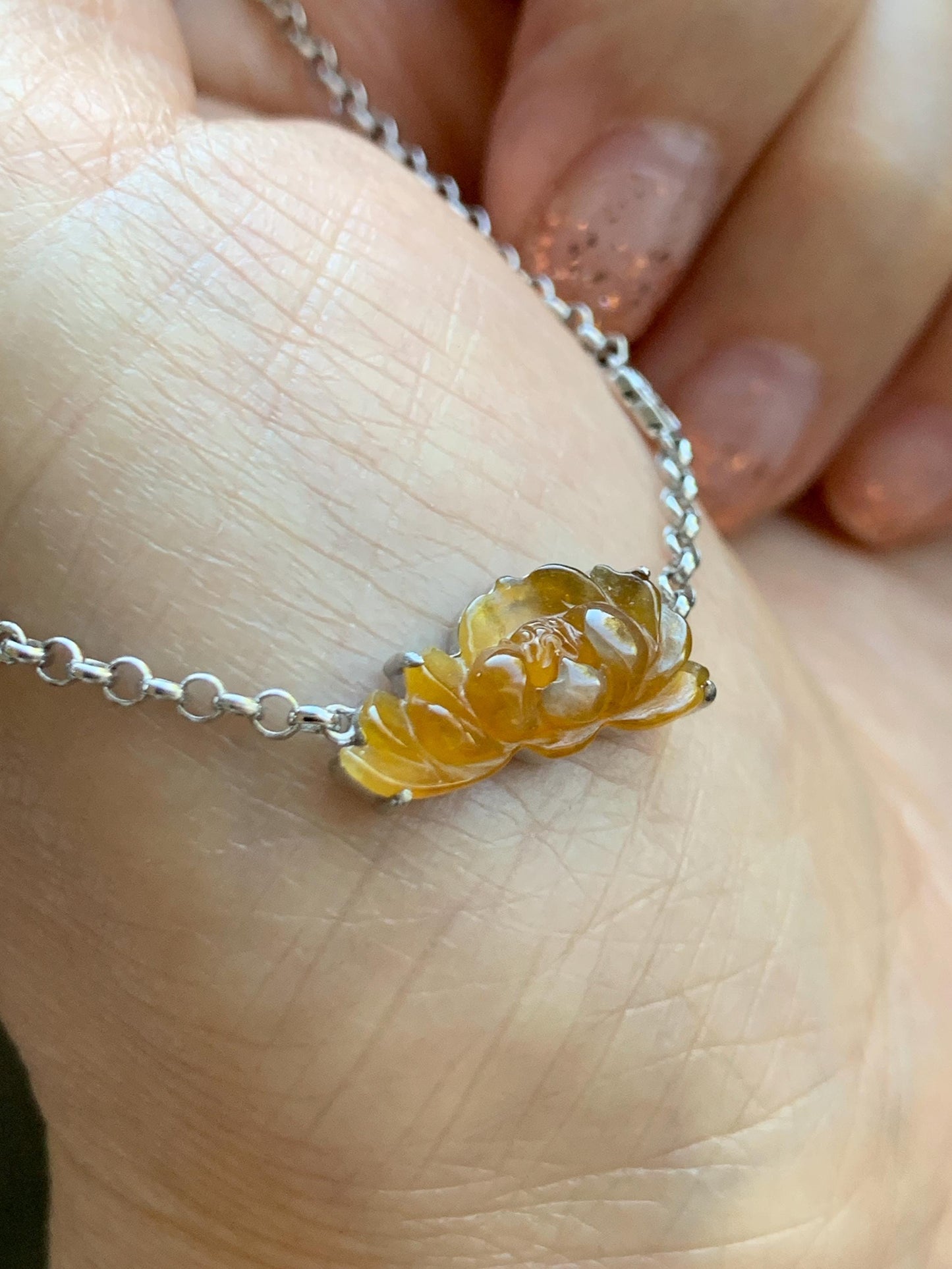 Certified Natural Grade A Icy Highly Translucent Intense Yellow Jade Jadeite Lotus Flower Bracelet Sterling Silver 6.25-7.5” 天然冰油黄翡翠莲花手链 167