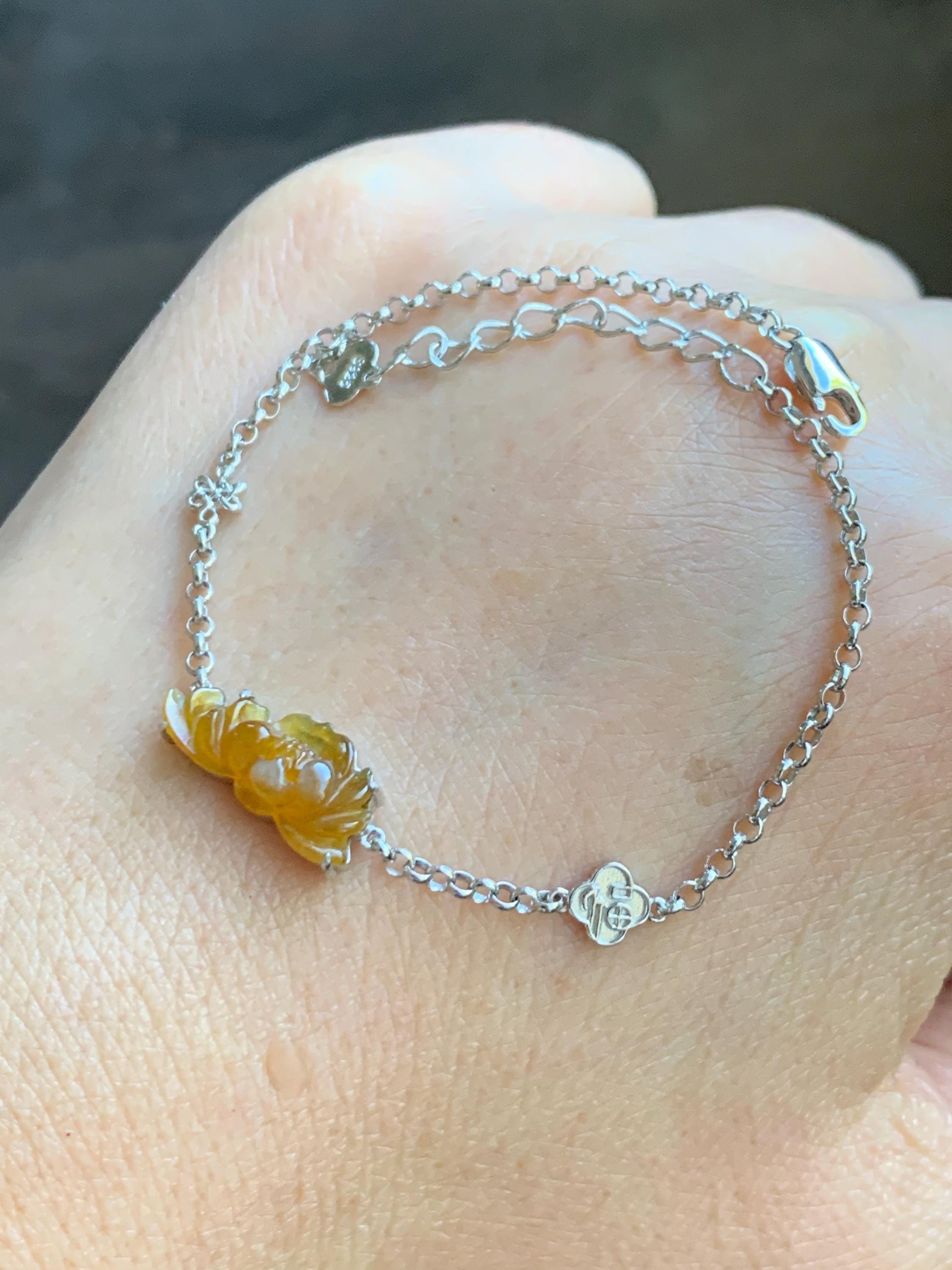 Certified Natural Grade A Icy Highly Translucent Intense Yellow Jade Jadeite Lotus Flower Bracelet Sterling Silver 6.25-7.5” 天然冰油黄翡翠莲花手链 167
