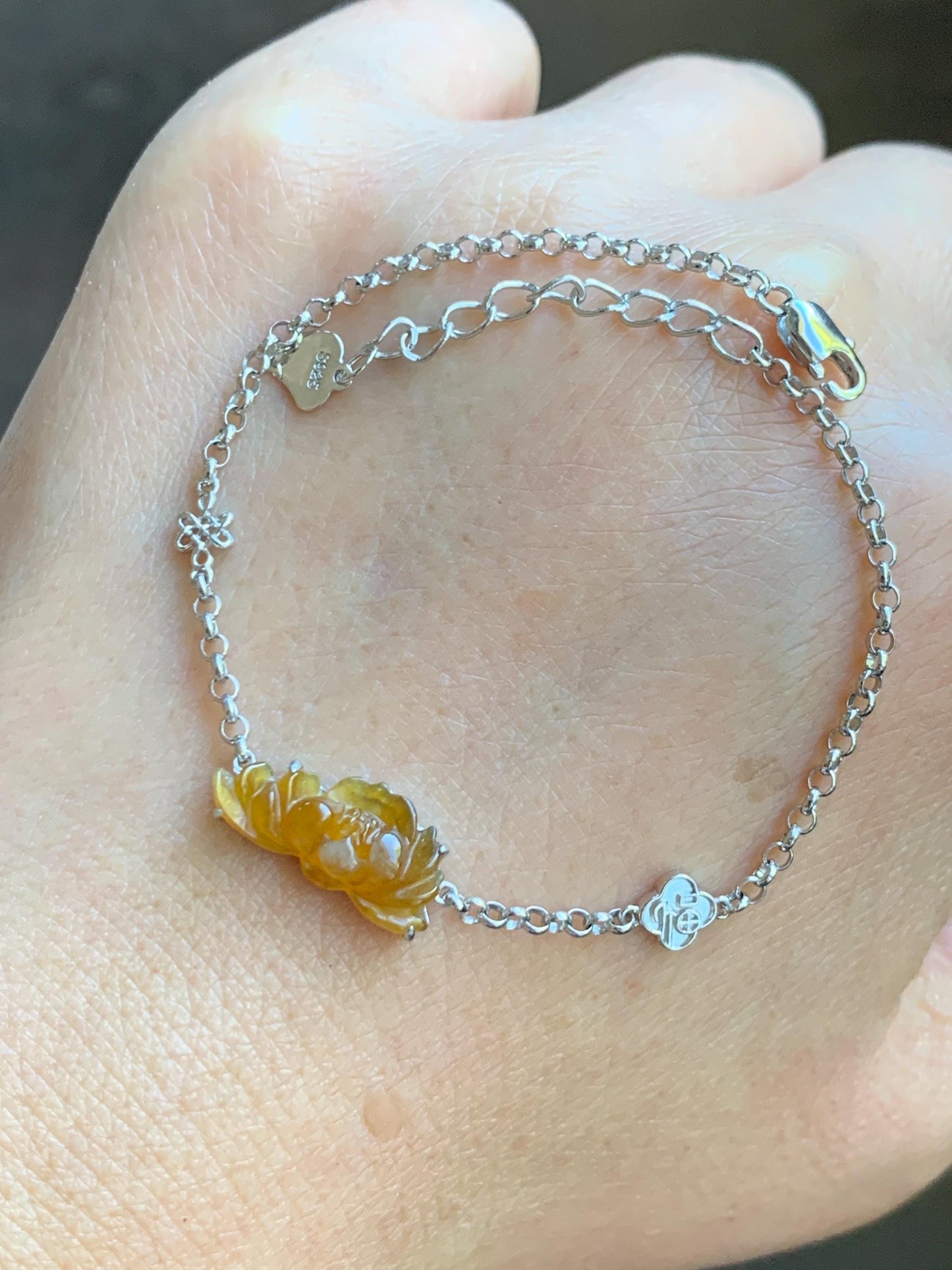 Certified Natural Grade A Icy Highly Translucent Intense Yellow Jade Jadeite Lotus Flower Bracelet Sterling Silver 6.25-7.5” 天然冰油黄翡翠莲花手链 167