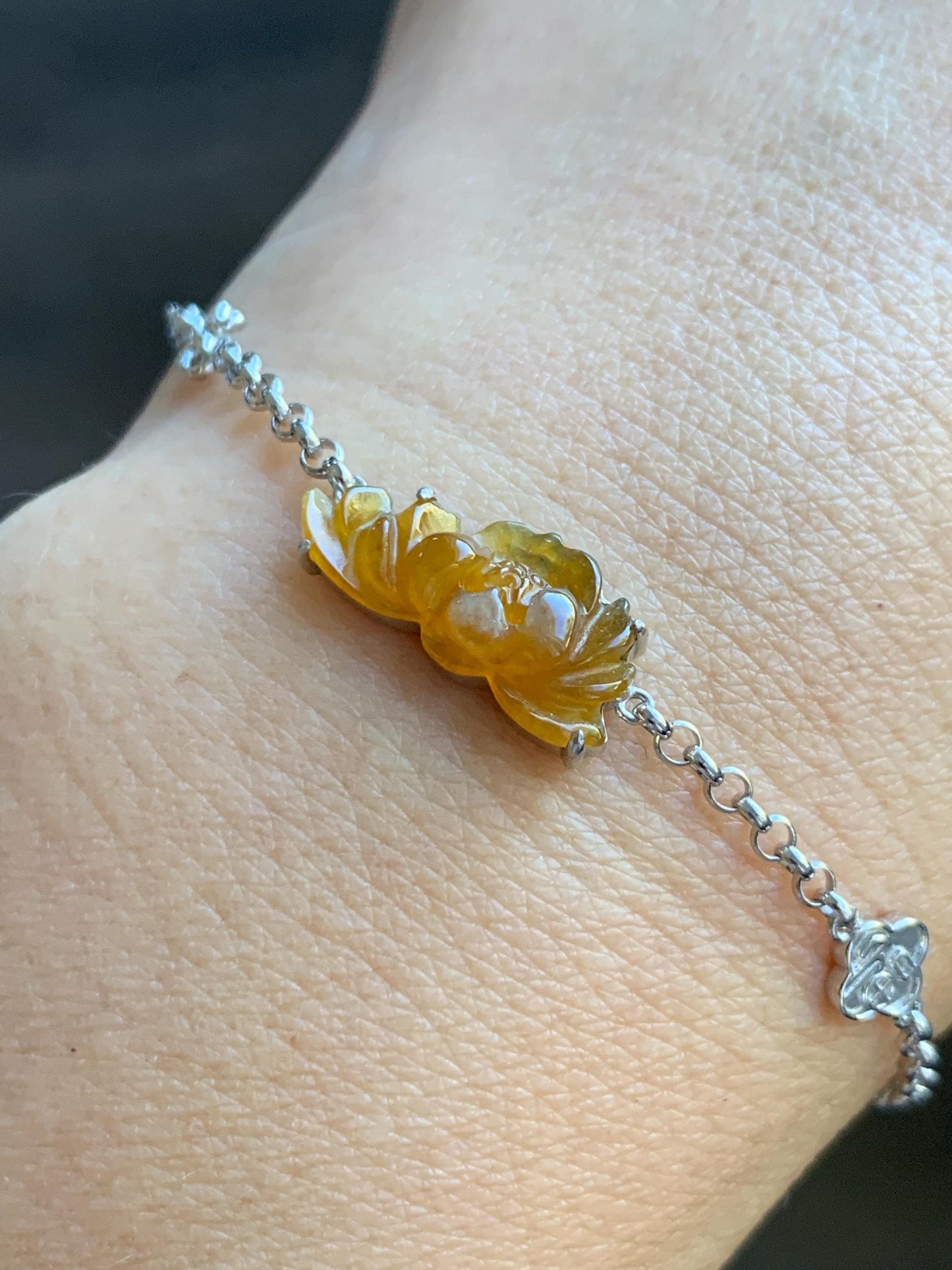 Certified Natural Grade A Icy Highly Translucent Intense Yellow Jade Jadeite Lotus Flower Bracelet Sterling Silver 6.25-7.5” 天然冰油黄翡翠莲花手链 167