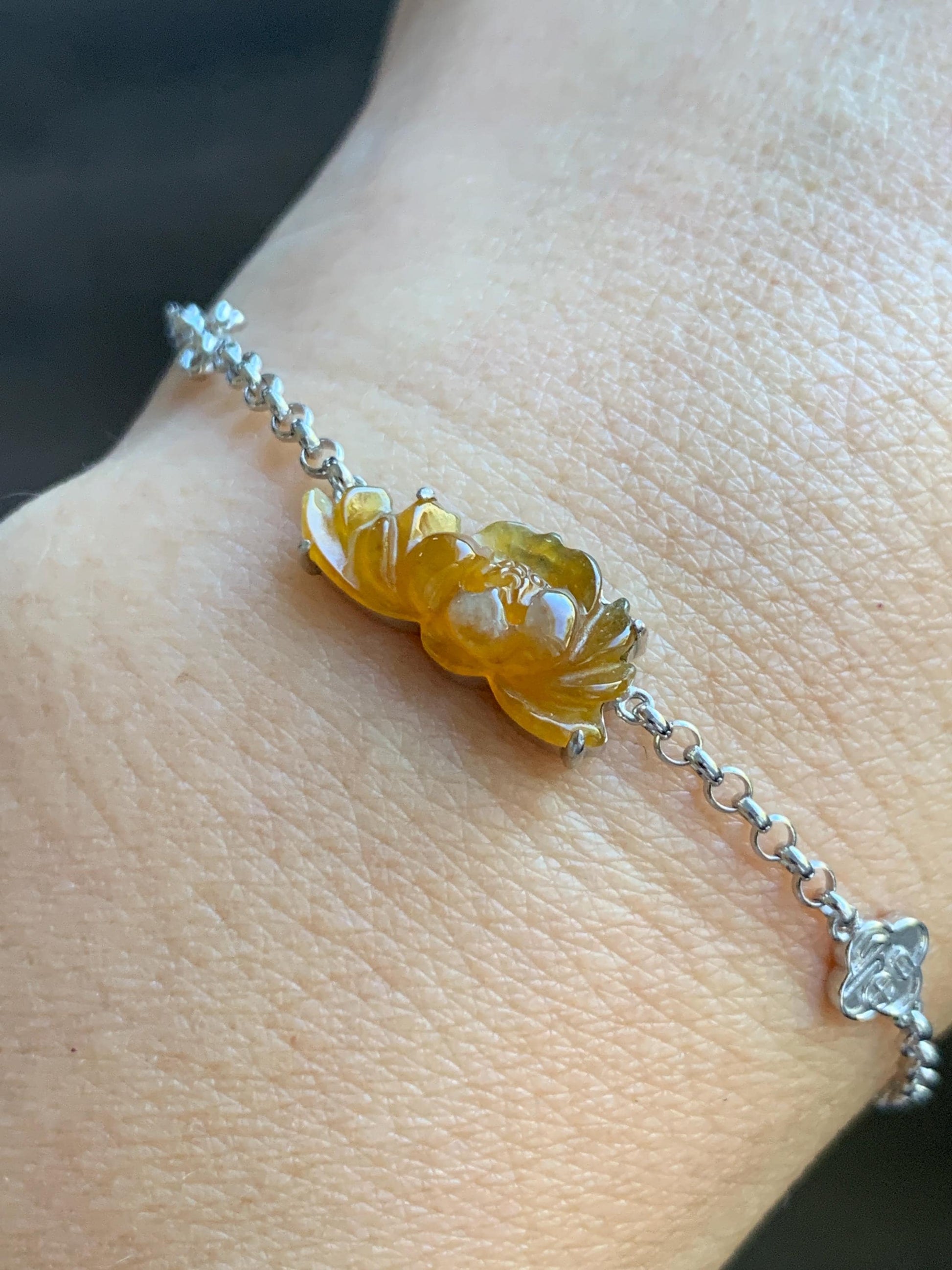 Certified Natural Grade A Icy Highly Translucent Intense Yellow Jade Jadeite Lotus Flower Bracelet Sterling Silver 6.25-7.5” 天然冰油黄翡翠莲花手链 167