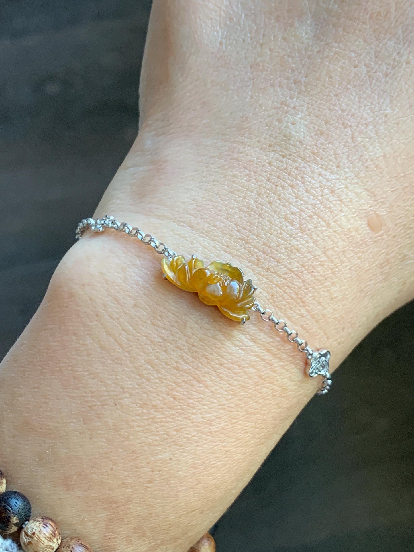 Certified Natural Grade A Icy Highly Translucent Intense Yellow Jade Jadeite Lotus Flower Bracelet Sterling Silver 6.25-7.5” 天然冰油黄翡翠莲花手链 167