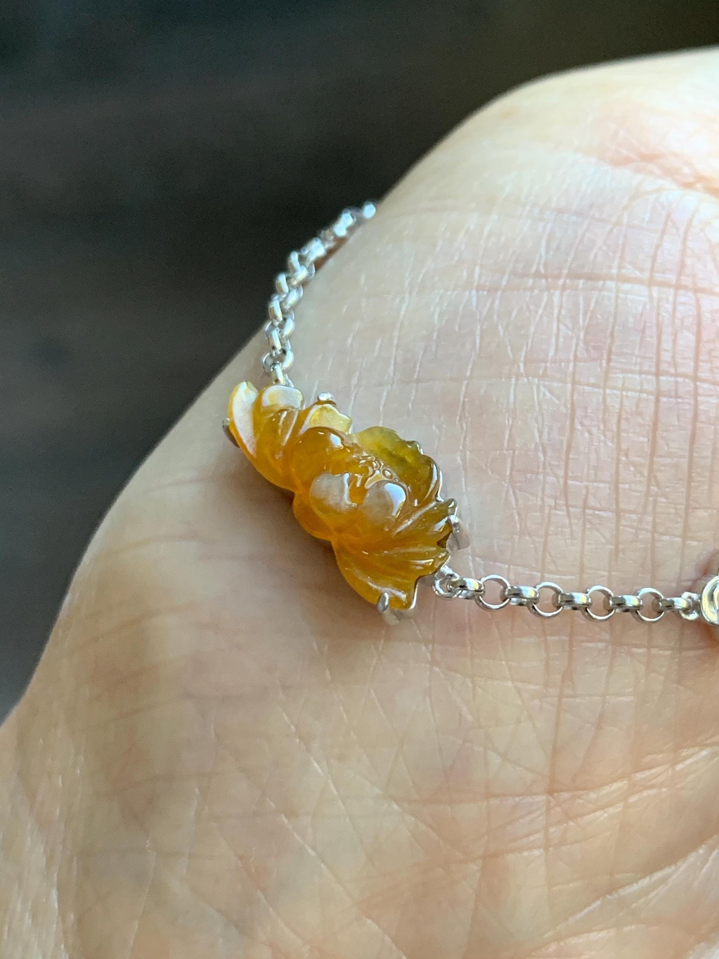 Certified Natural Grade A Icy Highly Translucent Intense Yellow Jade Jadeite Lotus Flower Bracelet Sterling Silver 6.25-7.5” 天然冰油黄翡翠莲花手链 167