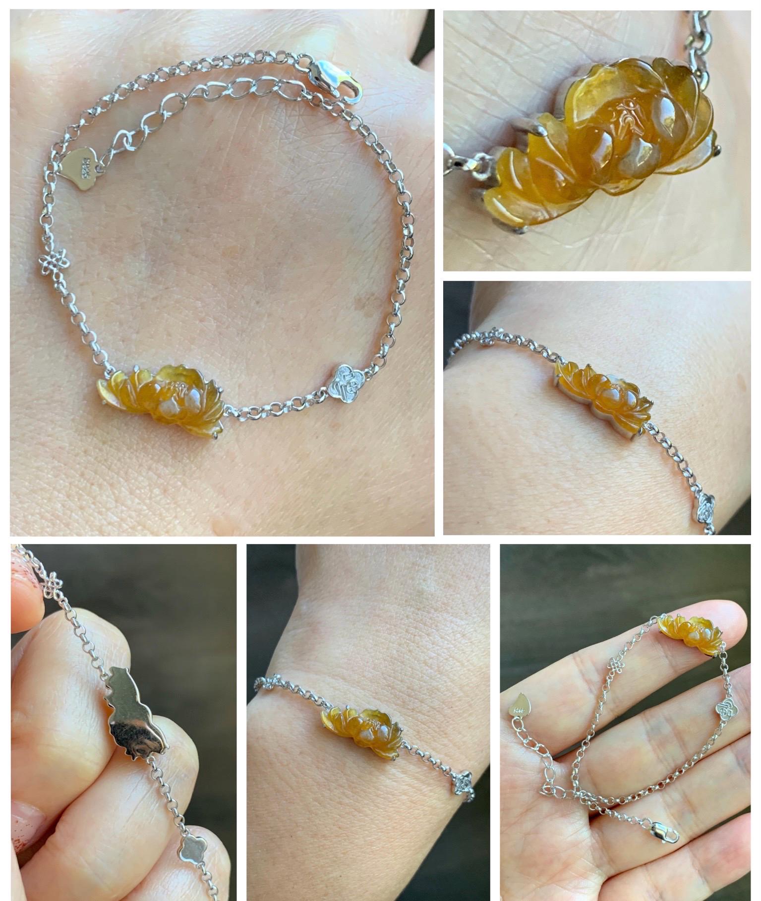 Certified Natural Grade A Icy Highly Translucent Intense Yellow Jade Jadeite Lotus Flower Bracelet Sterling Silver 6.25-7.5” 天然冰油黄翡翠莲花手链 167