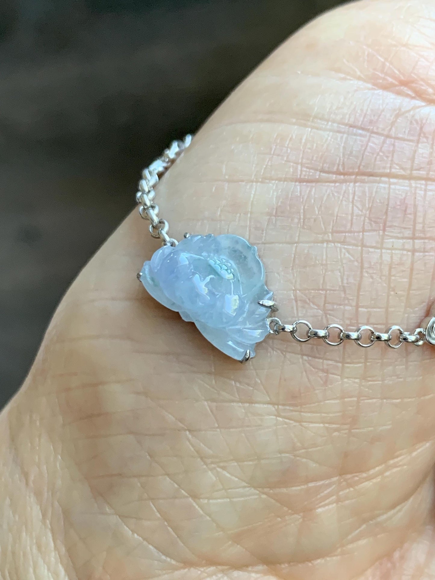 Certified Natural Grade A Icy Highly Translucent Pale Purple Jade Jadeite Lotus Flower Bracelet Sterling Silver 6.25-7.5” 天然冰紫底飘花翡翠莲花手链 168