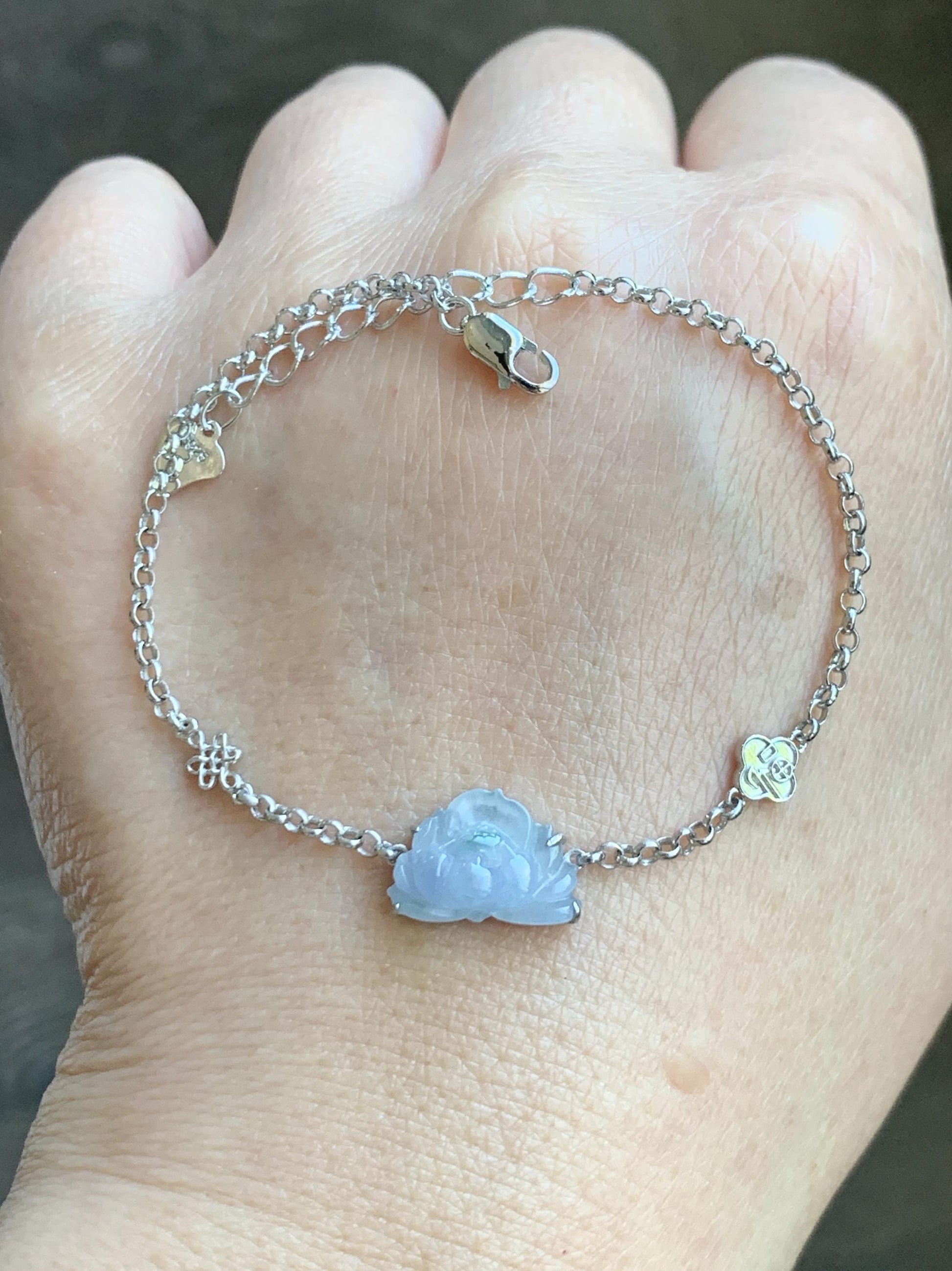 Certified Natural Grade A Icy Highly Translucent Pale Purple Jade Jadeite Lotus Flower Bracelet Sterling Silver 6.25-7.5” 天然冰紫底飘花翡翠莲花手链 168