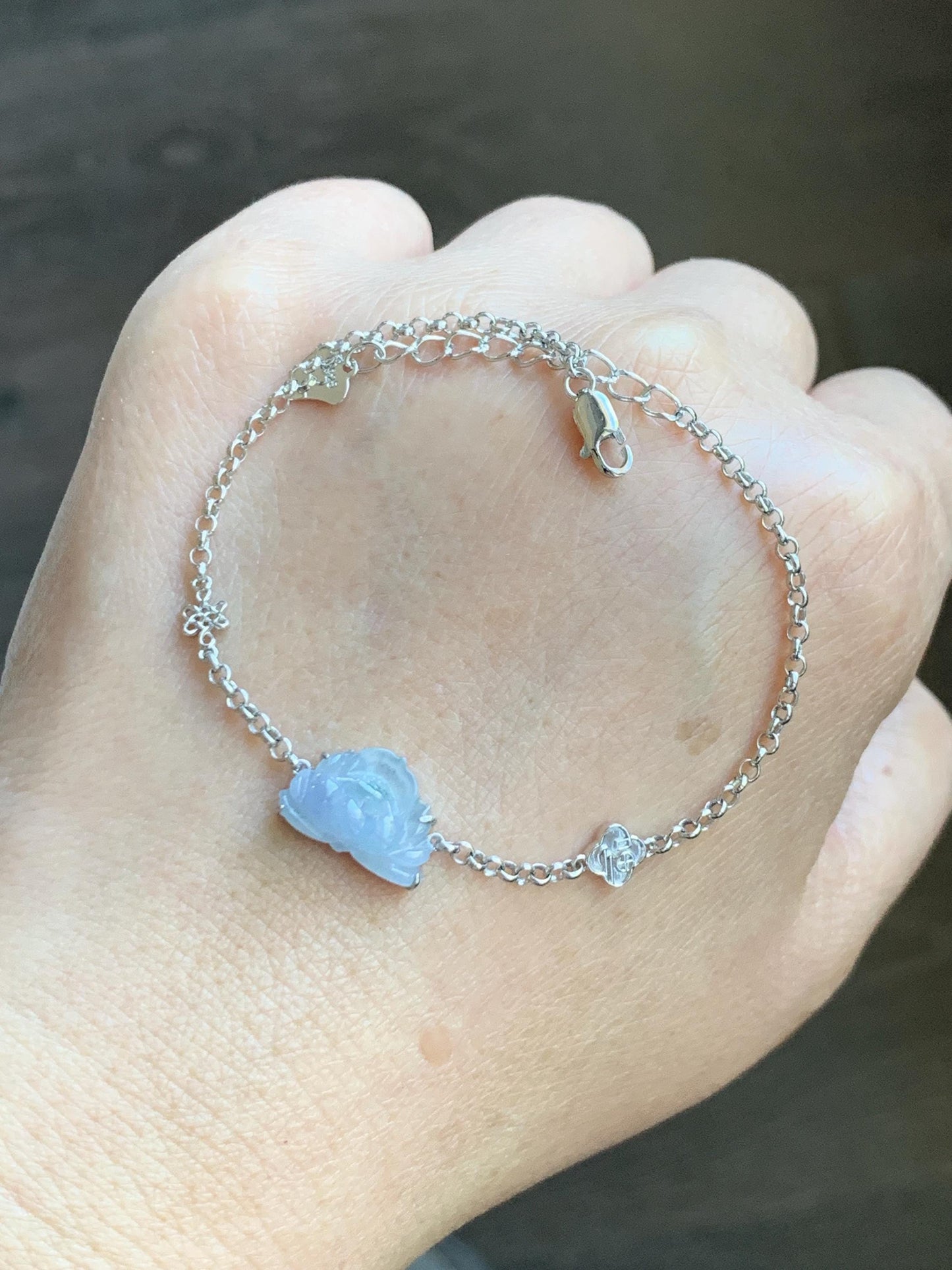 Certified Natural Grade A Icy Highly Translucent Pale Purple Jade Jadeite Lotus Flower Bracelet Sterling Silver 6.25-7.5” 天然冰紫底飘花翡翠莲花手链 168