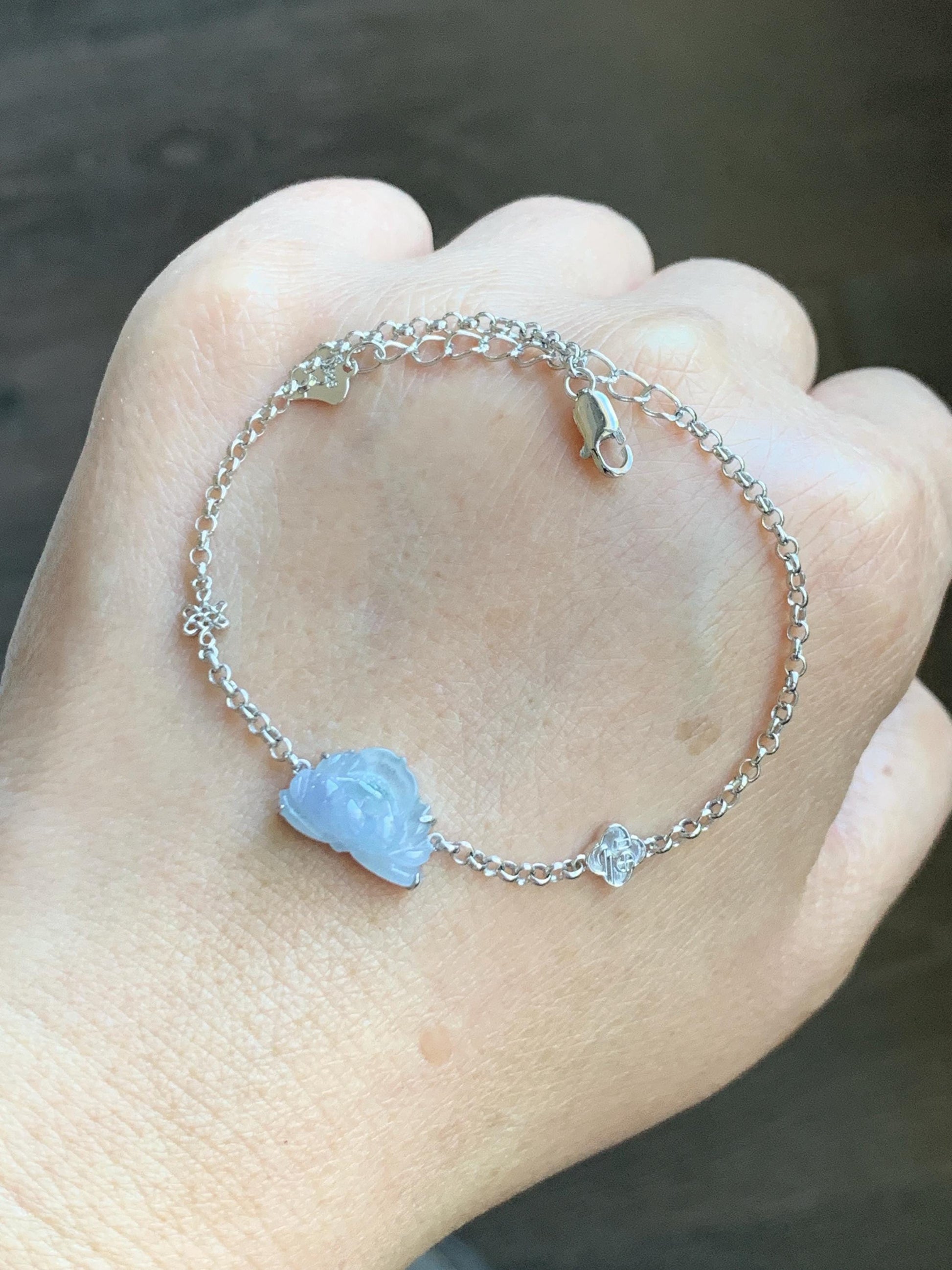 Certified Natural Grade A Icy Highly Translucent Pale Purple Jade Jadeite Lotus Flower Bracelet Sterling Silver 6.25-7.5” 天然冰紫底飘花翡翠莲花手链 168