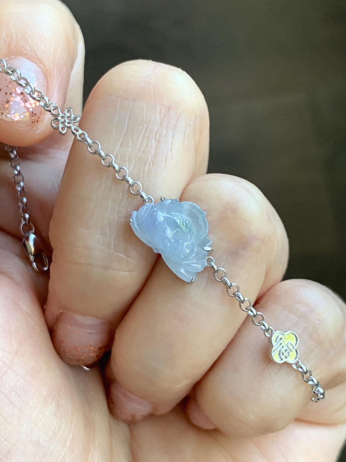 Certified Natural Grade A Icy Highly Translucent Pale Purple Jade Jadeite Lotus Flower Bracelet Sterling Silver 6.25-7.5” 天然冰紫底飘花翡翠莲花手链 168