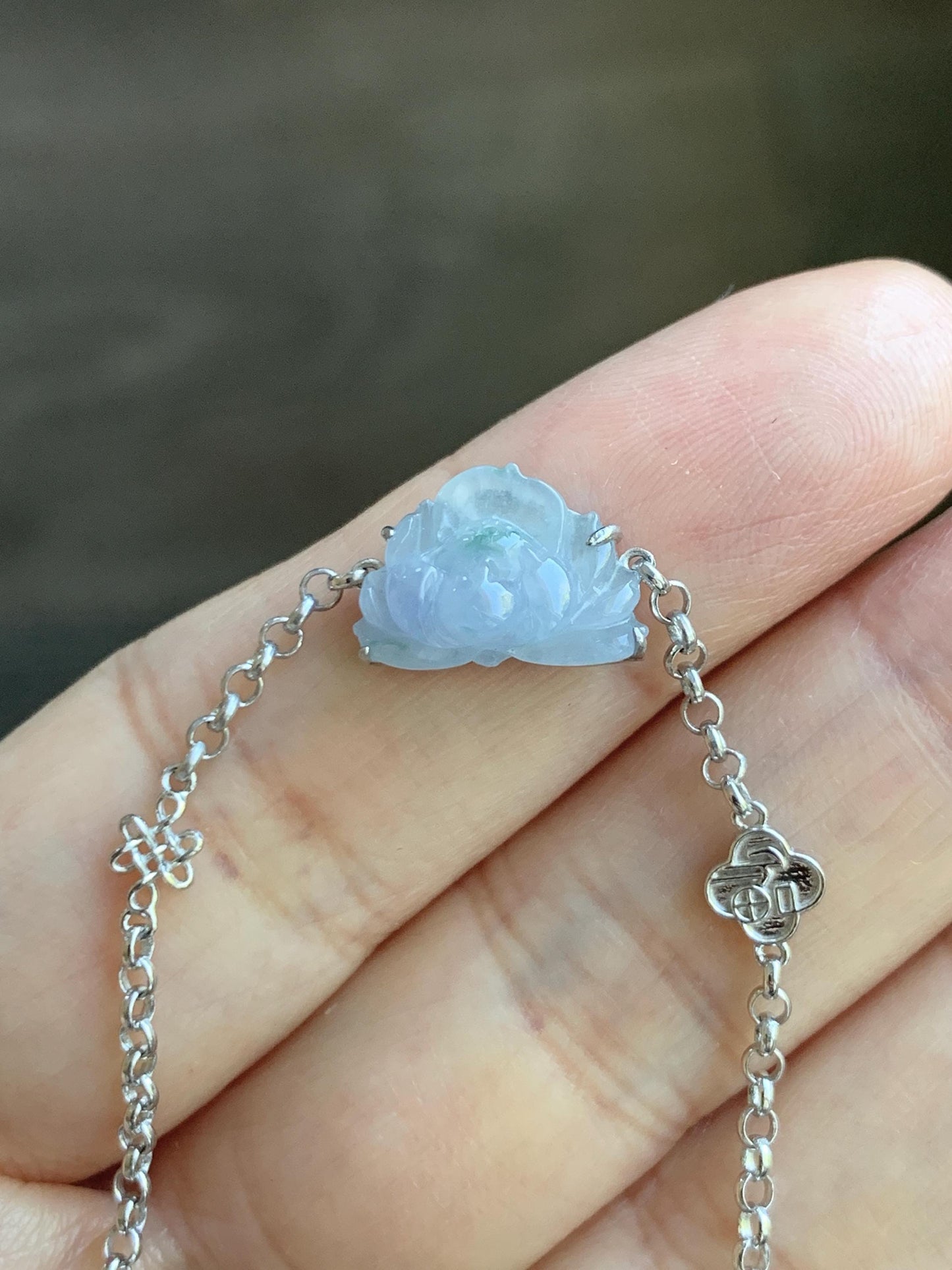 Certified Natural Grade A Icy Highly Translucent Pale Purple Jade Jadeite Lotus Flower Bracelet Sterling Silver 6.25-7.5” 天然冰紫底飘花翡翠莲花手链 168