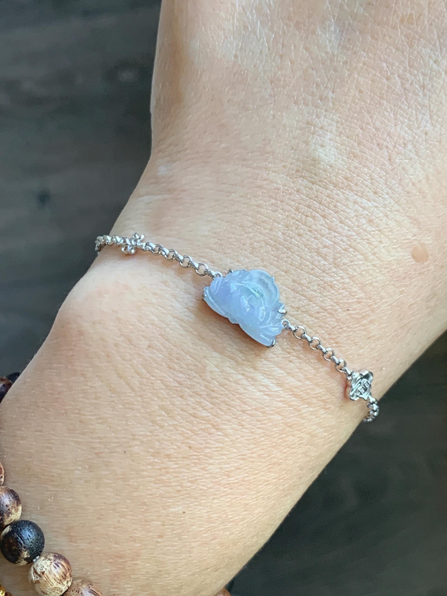 Certified Natural Grade A Icy Highly Translucent Pale Purple Jade Jadeite Lotus Flower Bracelet Sterling Silver 6.25-7.5” 天然冰紫底飘花翡翠莲花手链 168