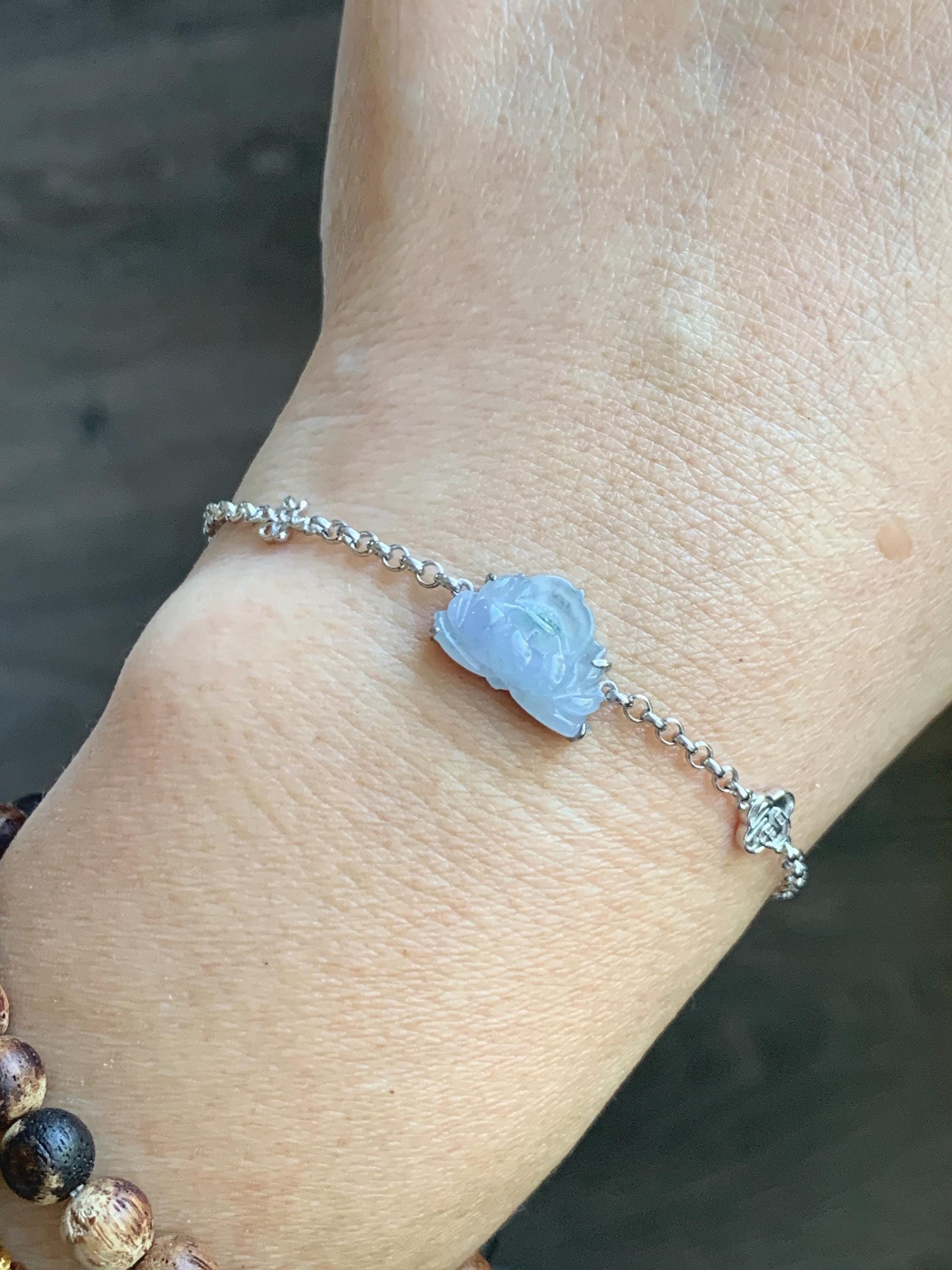 Certified Natural Grade A Icy Highly Translucent Pale Purple Jade Jadeite Lotus Flower Bracelet Sterling Silver 6.25-7.5” 天然冰紫底飘花翡翠莲花手链 168