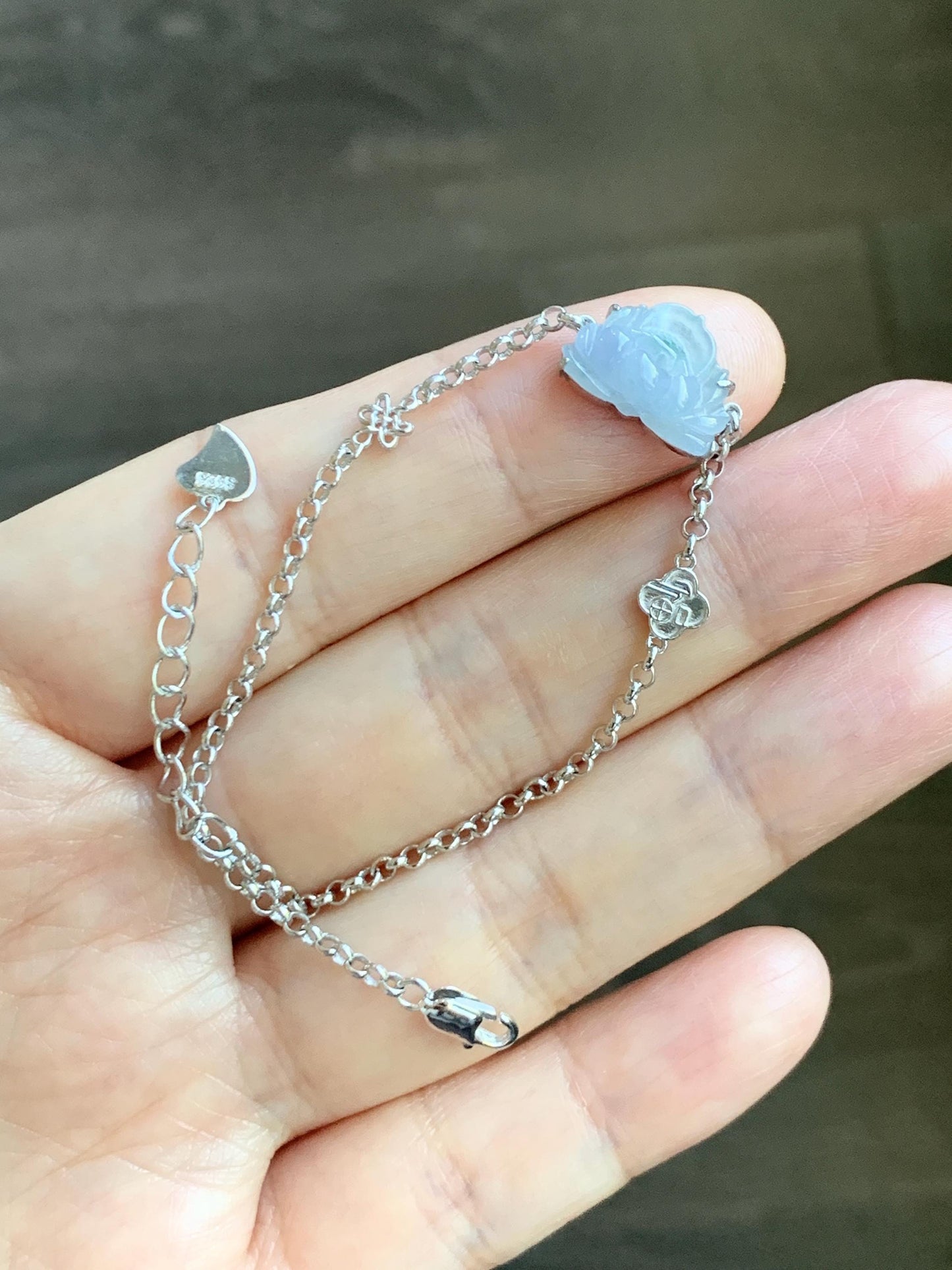 Certified Natural Grade A Icy Highly Translucent Pale Purple Jade Jadeite Lotus Flower Bracelet Sterling Silver 6.25-7.5” 天然冰紫底飘花翡翠莲花手链 168