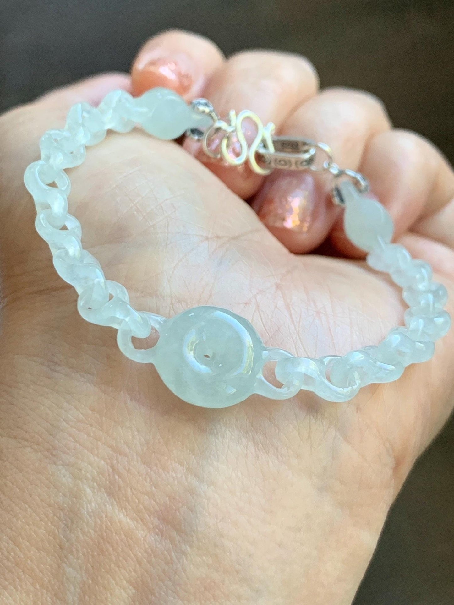 Certified Natural Grade A Icy Jade Jadeite Interlocking Dragon Bone Links & Donut Bracelet Sterling Silver 7" 天然冰透底色翡翠龙骨链平安扣手链 MLG388