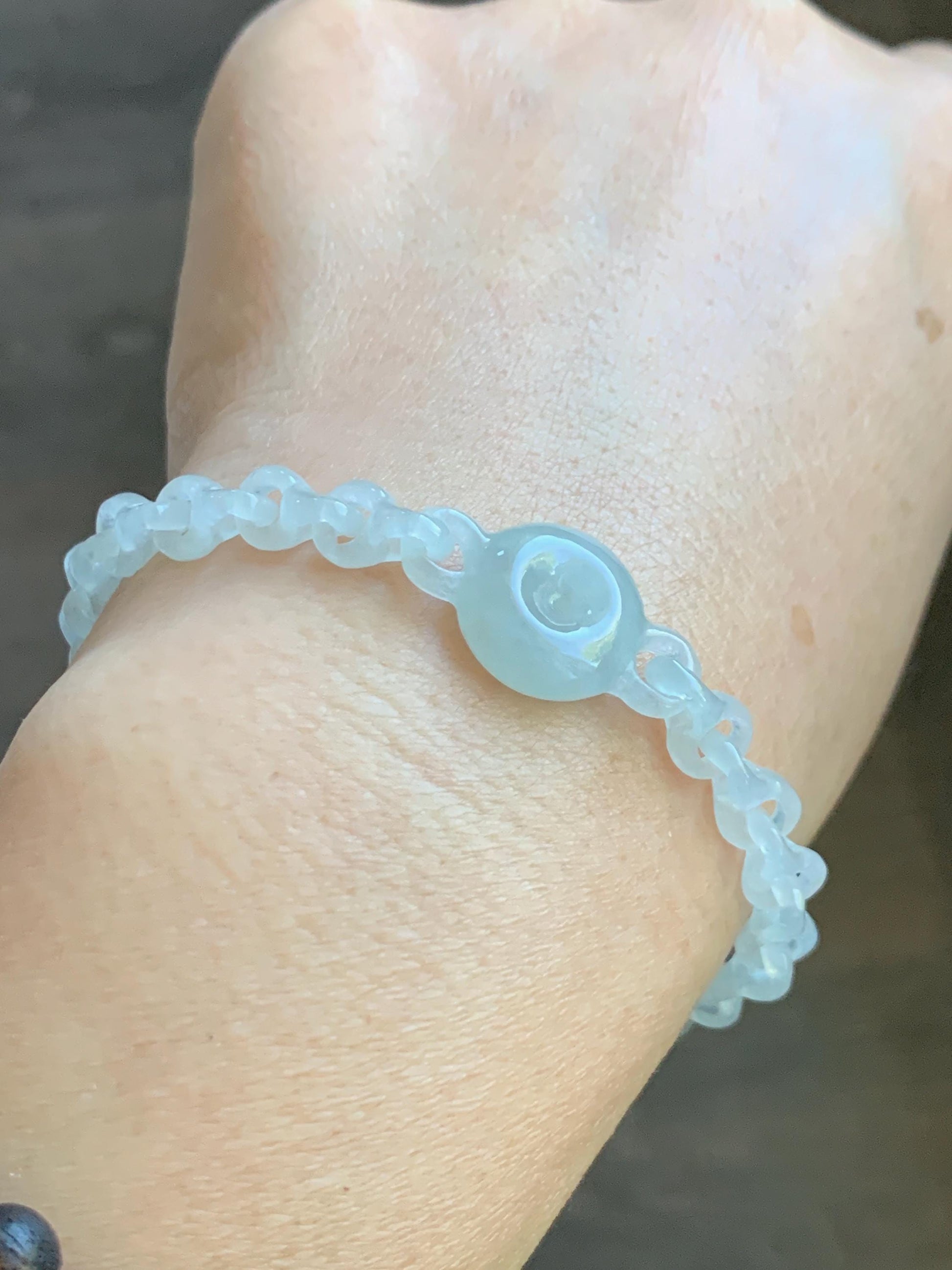 Certified Natural Grade A Icy Jade Jadeite Interlocking Dragon Bone Links & Donut Bracelet Sterling Silver 7" 天然冰透底色翡翠龙骨链平安扣手链 MLG388