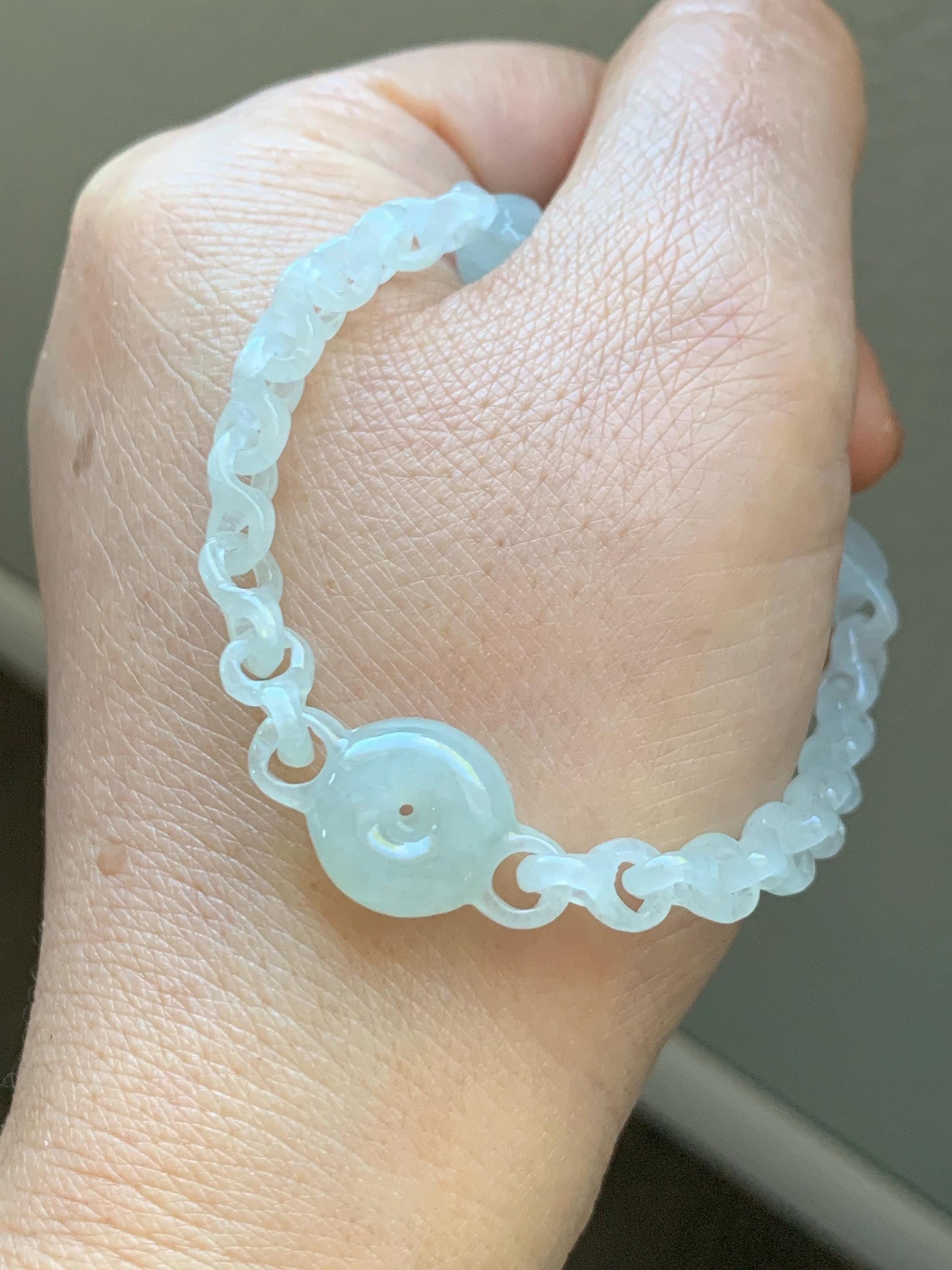 Certified Natural Grade A Icy Jade Jadeite Interlocking Dragon Bone Links & Donut Bracelet Sterling Silver 7" 天然冰透底色翡翠龙骨链平安扣手链 MLG388