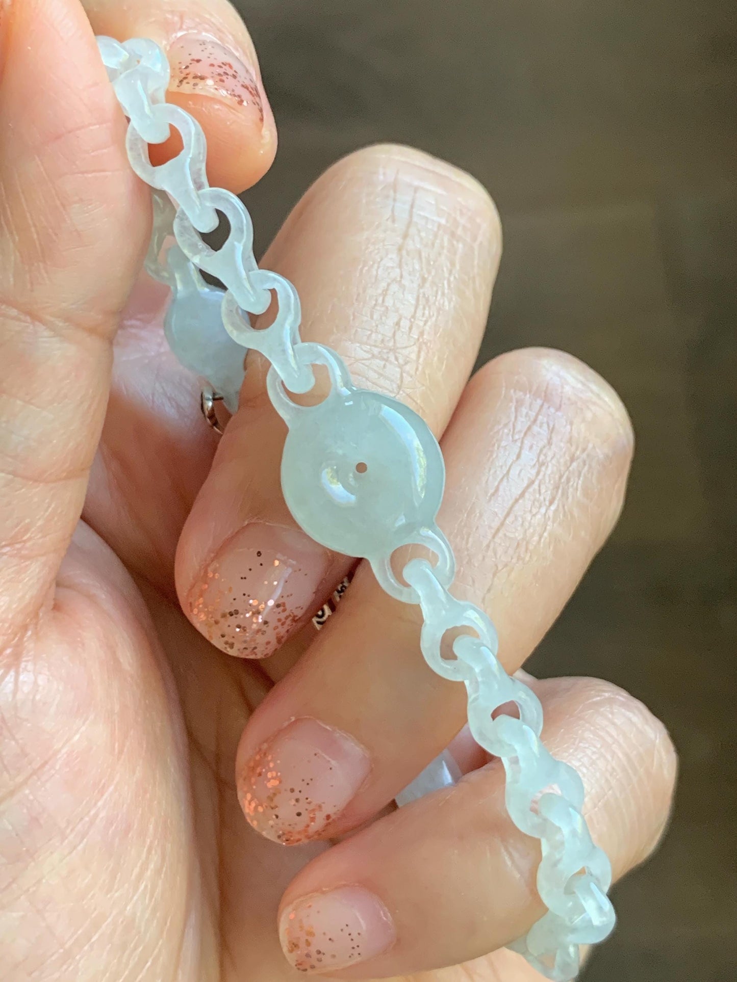 Certified Natural Grade A Icy Jade Jadeite Interlocking Dragon Bone Links & Donut Bracelet Sterling Silver 7" 天然冰透底色翡翠龙骨链平安扣手链 MLG388