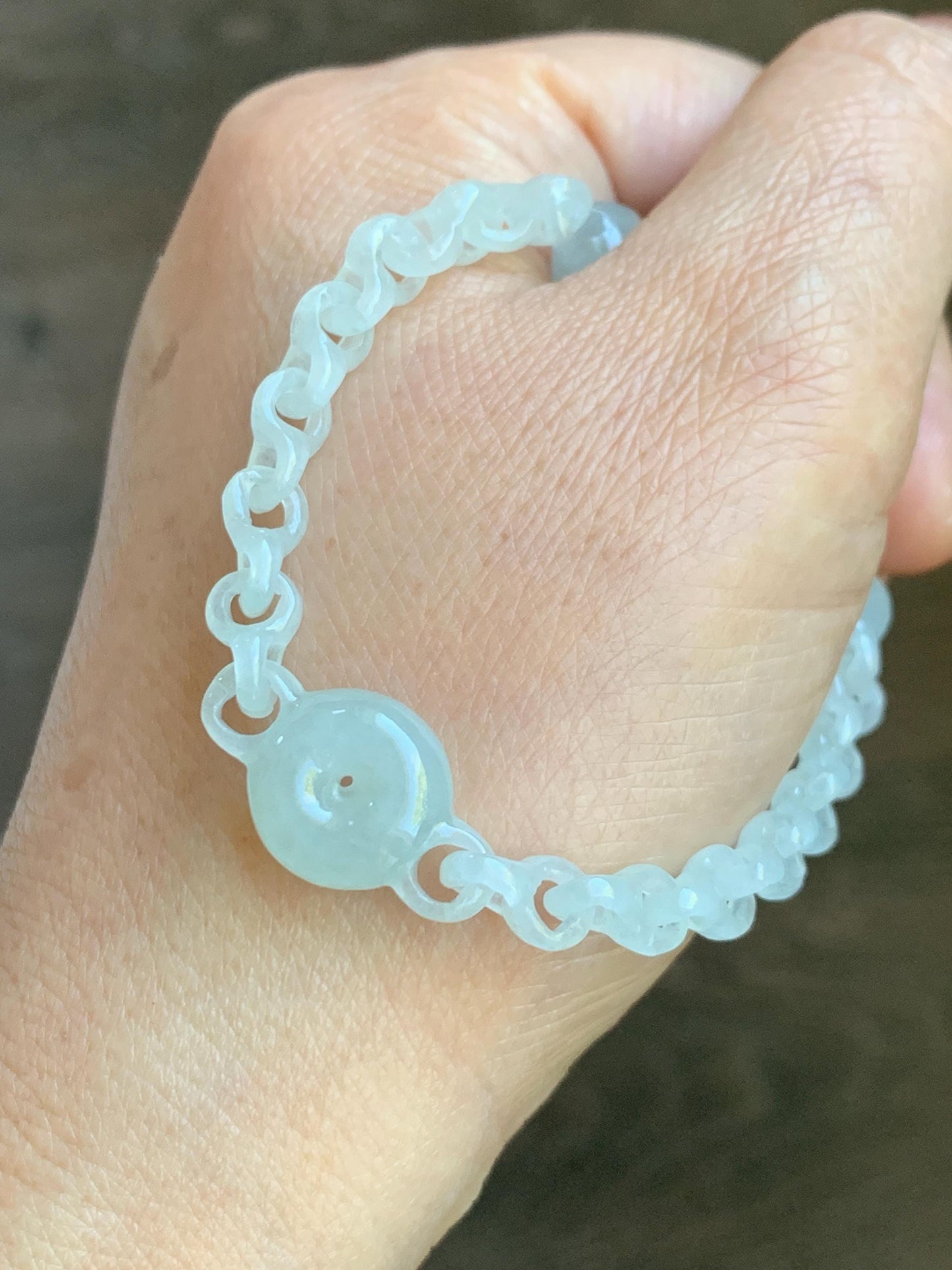 Certified Natural Grade A Icy Jade Jadeite Interlocking Dragon Bone Links & Donut Bracelet Sterling Silver 7" 天然冰透底色翡翠龙骨链平安扣手链 MLG388