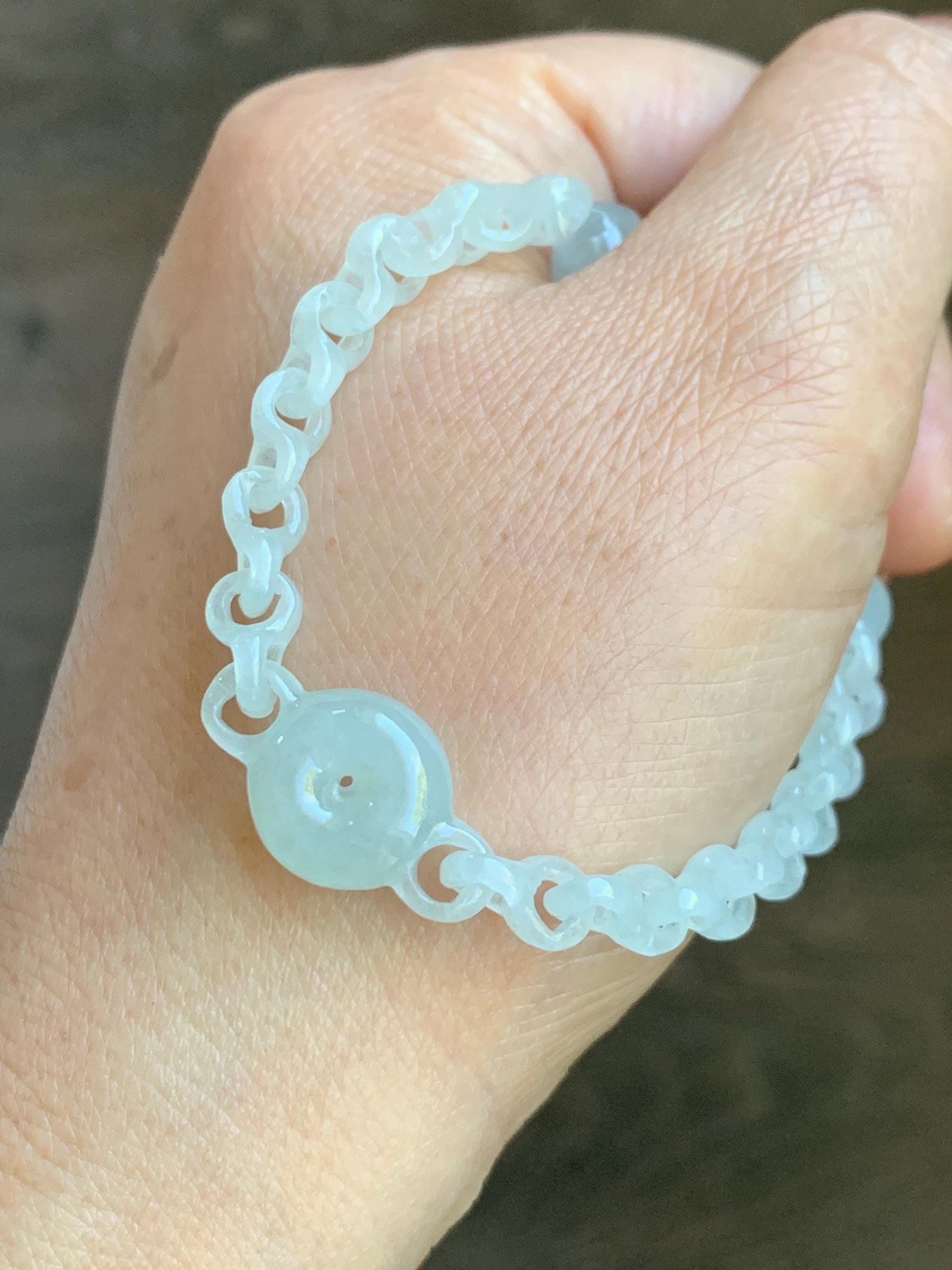 Certified Natural Grade A Icy Jade Jadeite Interlocking Dragon Bone Links & Donut Bracelet Sterling Silver 7" 天然冰透底色翡翠龙骨链平安扣手链 MLG388