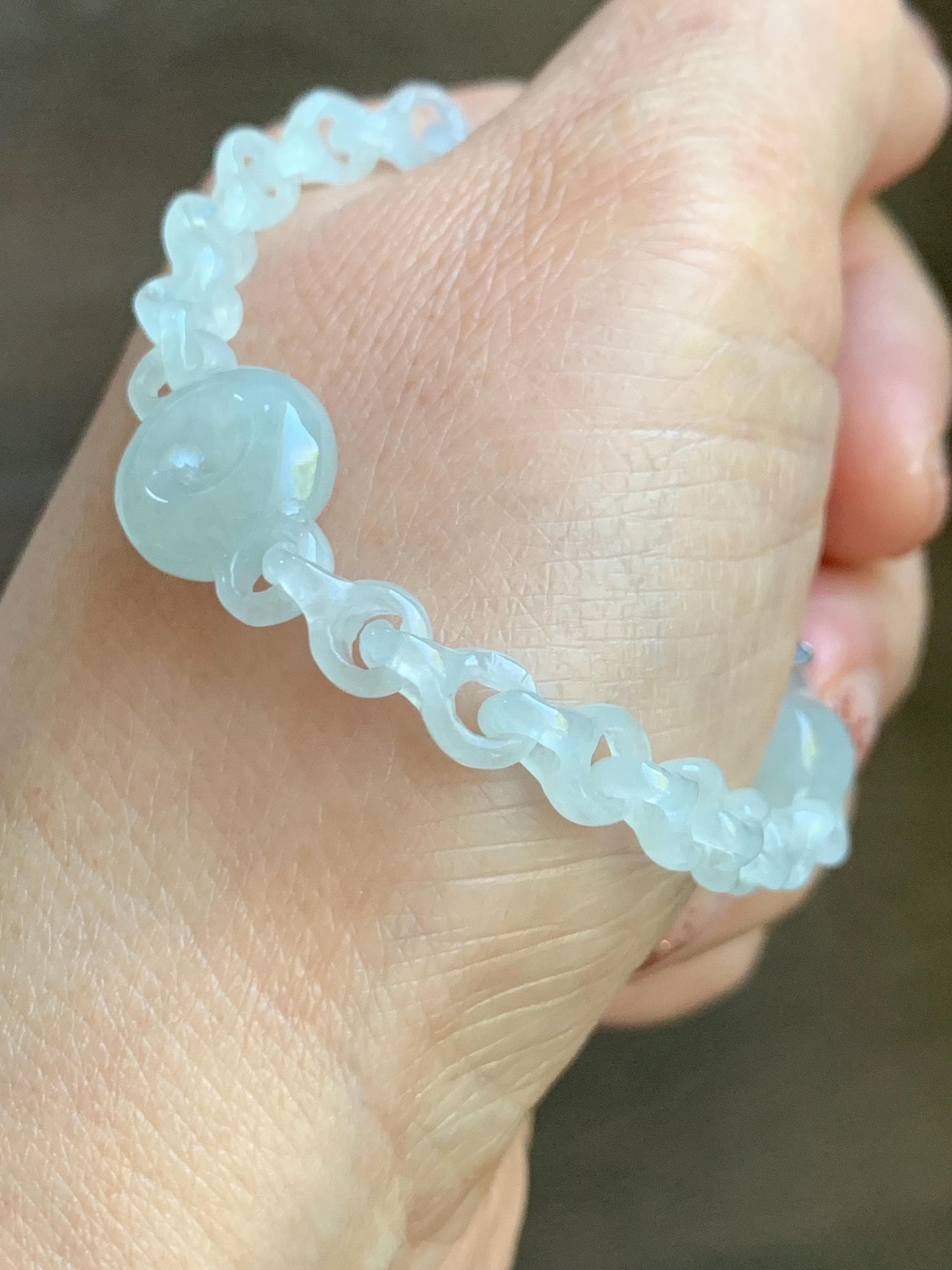 Certified Natural Grade A Icy Jade Jadeite Interlocking Dragon Bone Links & Donut Bracelet Sterling Silver 7" 天然冰透底色翡翠龙骨链平安扣手链 MLG388