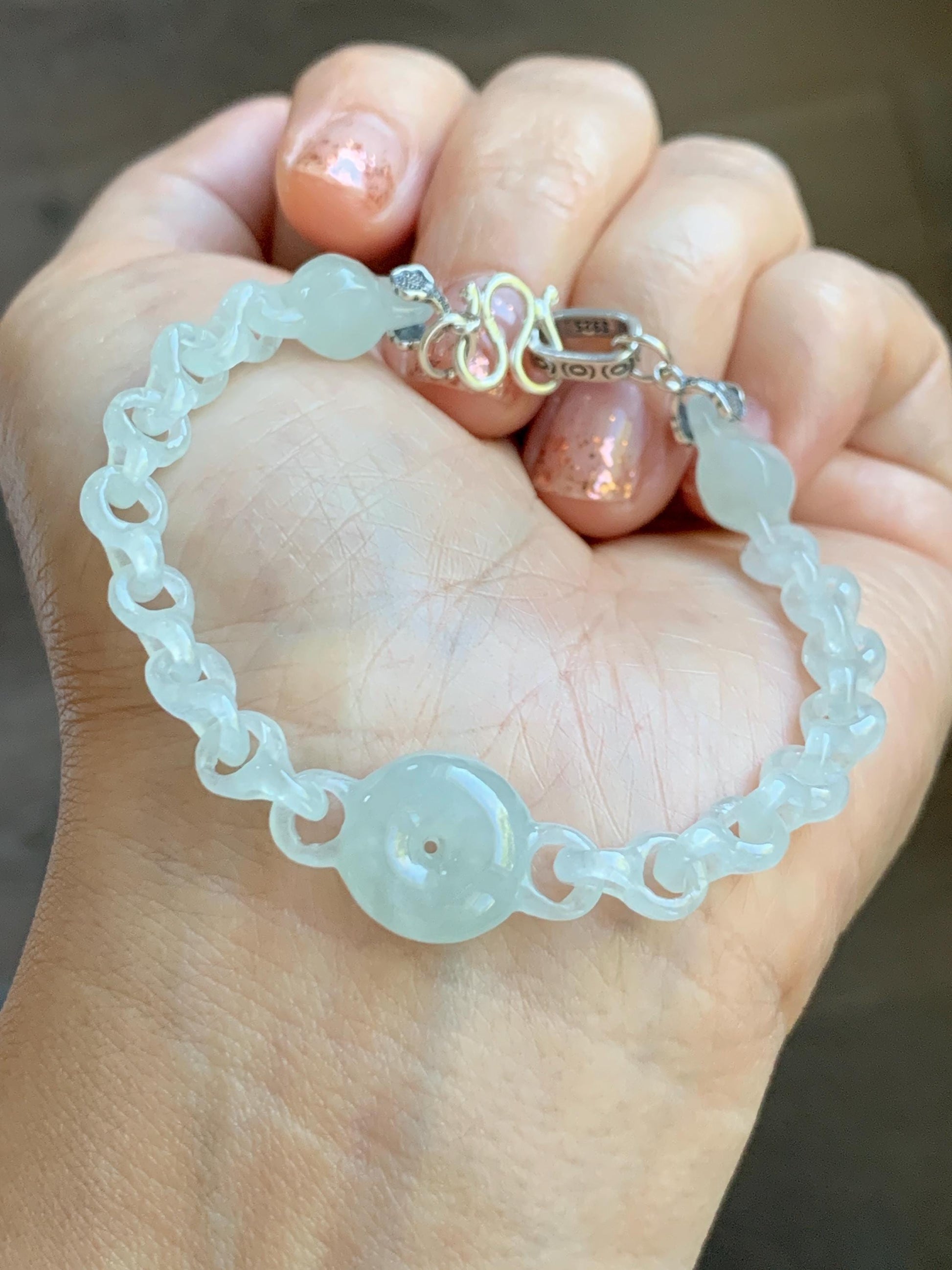 Certified Natural Grade A Icy Jade Jadeite Interlocking Dragon Bone Links & Donut Bracelet Sterling Silver 7" 天然冰透底色翡翠龙骨链平安扣手链 MLG388