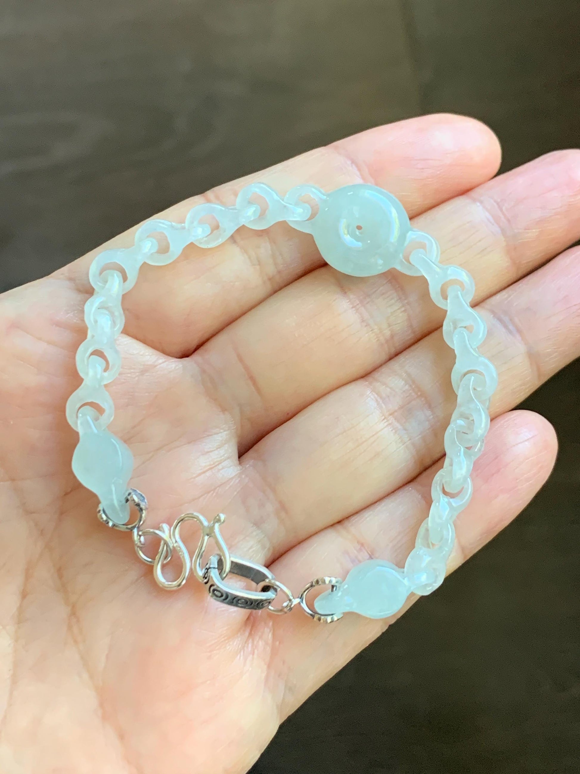Certified Natural Grade A Icy Jade Jadeite Interlocking Dragon Bone Links & Donut Bracelet Sterling Silver 7" 天然冰透底色翡翠龙骨链平安扣手链 MLG388