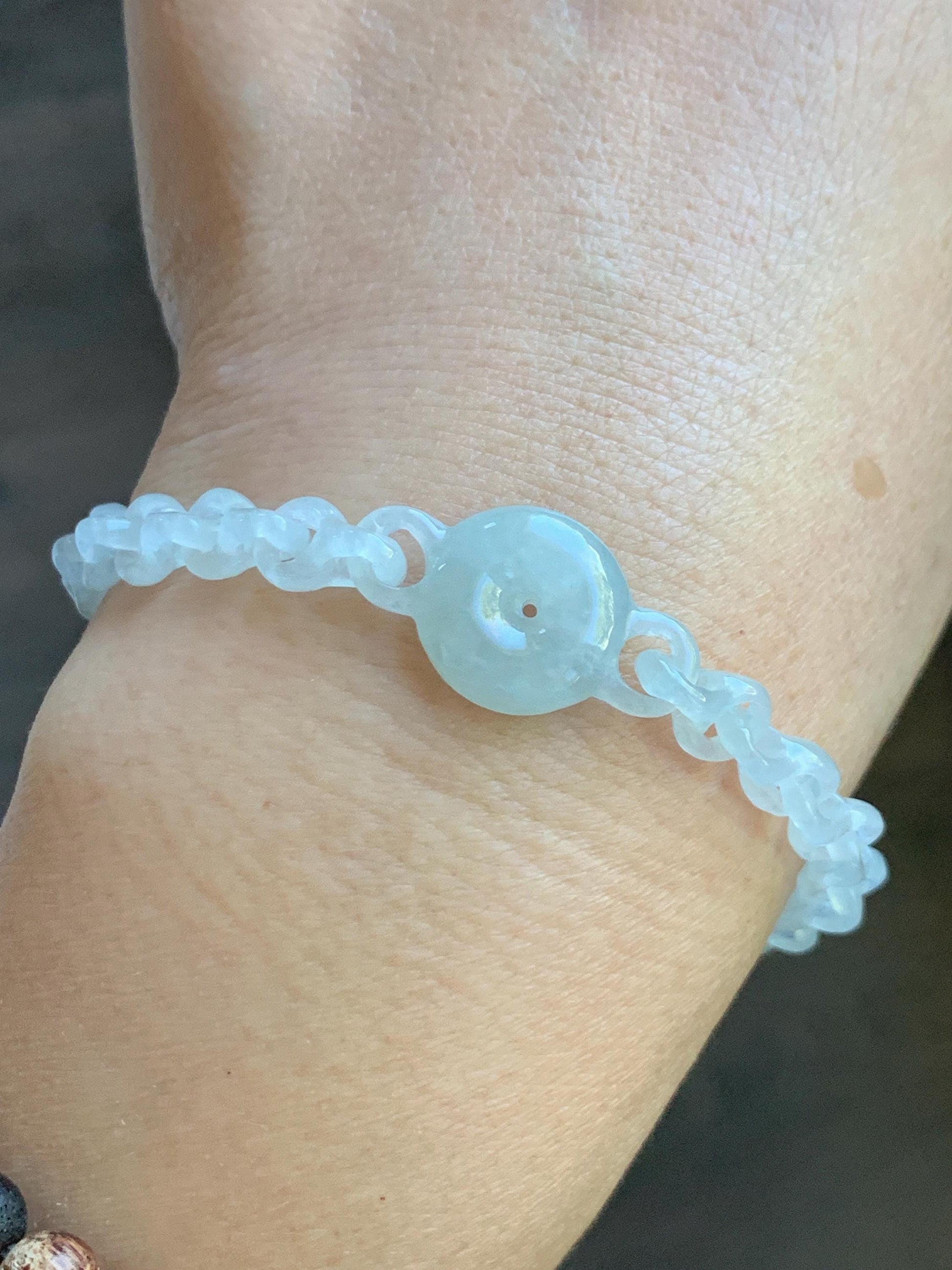 Certified Natural Grade A Icy Jade Jadeite Interlocking Dragon Bone Links & Donut Bracelet Sterling Silver 7" 天然冰透底色翡翠龙骨链平安扣手链 MLG388