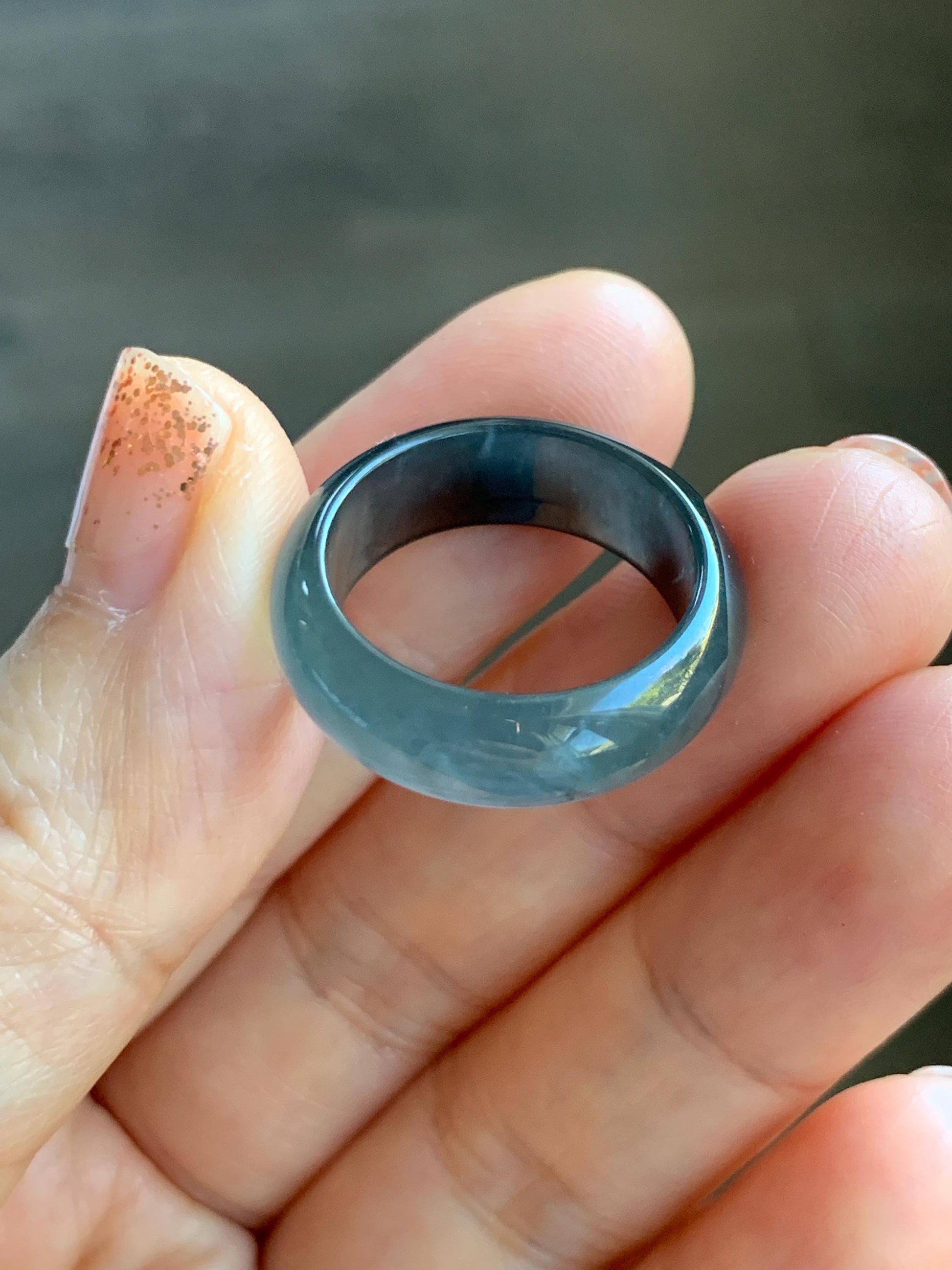 Natural Grade A Guatemalan Icy Highly Translucent Teal Blue Wuji Jade Jadeite Band Ring Size 7.75 US 天然高冰危蓝乌鸡翡翠戒圈 GWW330C