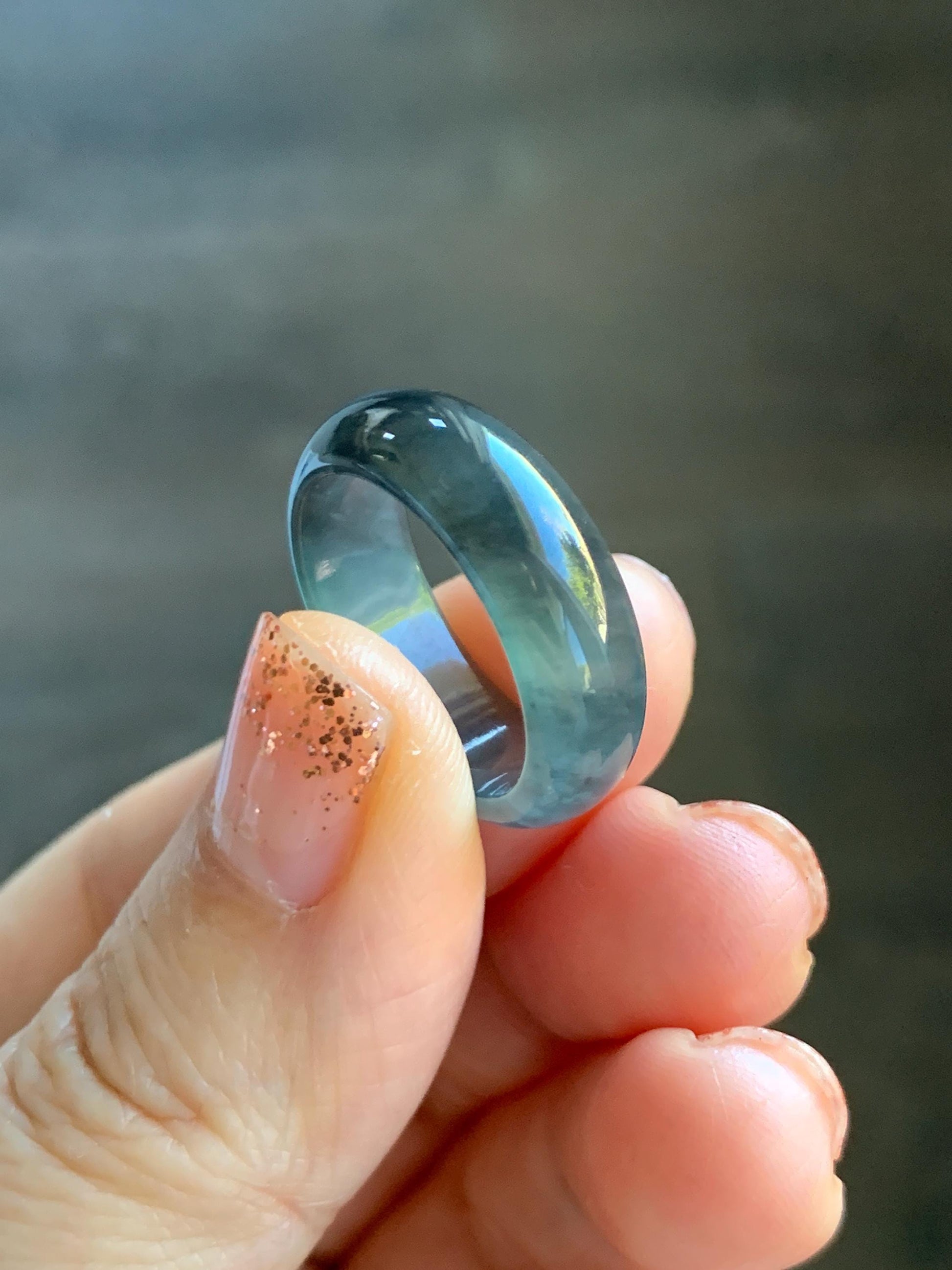Natural Grade A Guatemalan Icy Highly Translucent Teal Blue Wuji Jade Jadeite Band Ring Size 7.75 US 天然高冰危蓝乌鸡翡翠戒圈 GWW330C