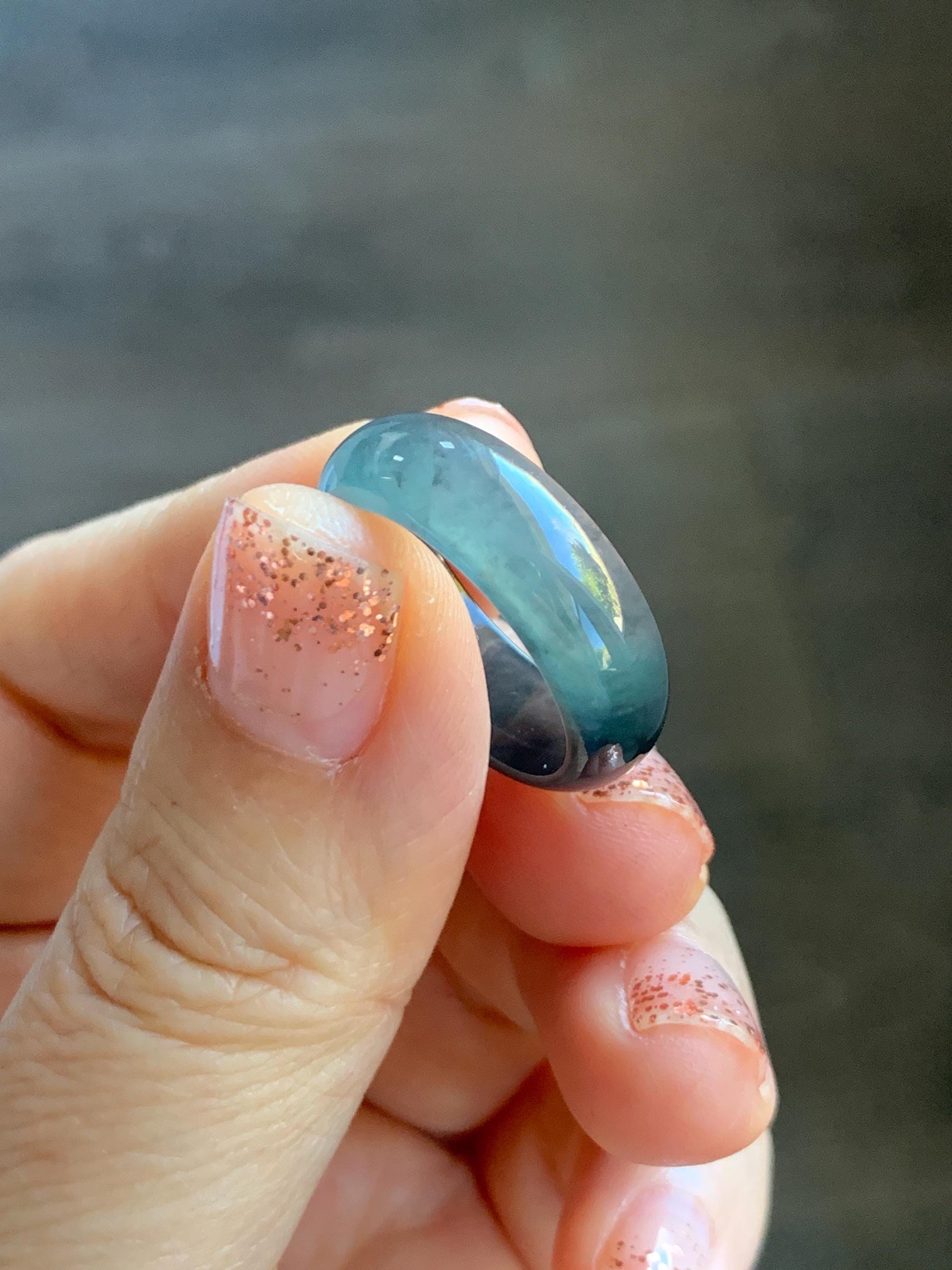 Natural Grade A Guatemalan Icy Highly Translucent Teal Blue Wuji Jade Jadeite Band Ring Size 7.75 US 天然高冰危蓝乌鸡翡翠戒圈 GWW330C