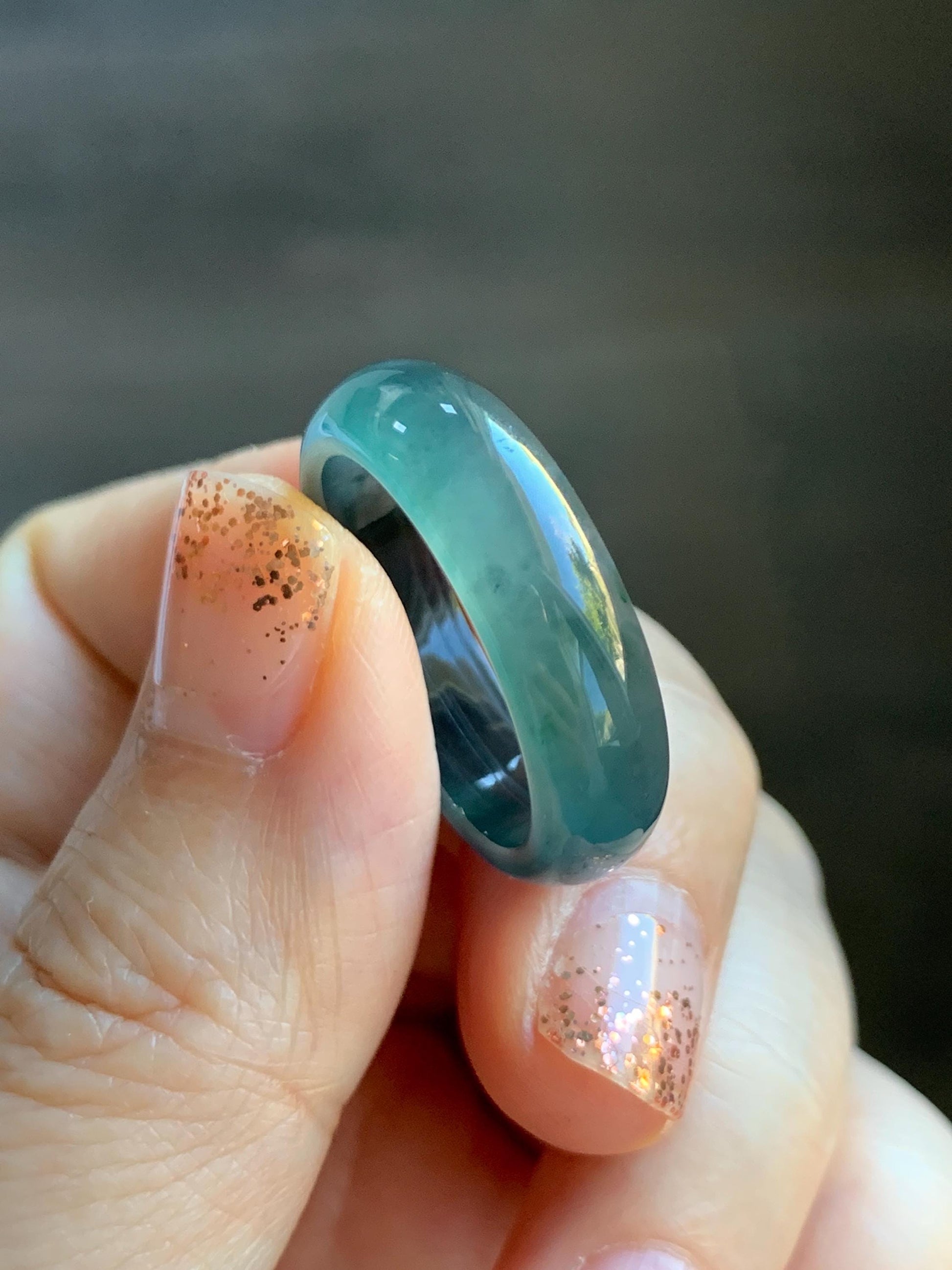 Natural Grade A Guatemalan Icy Highly Translucent Teal Blue Wuji Jade Jadeite Band Ring Size 10.25 US 天然高冰危蓝乌鸡翡翠戒圈 GWW330B