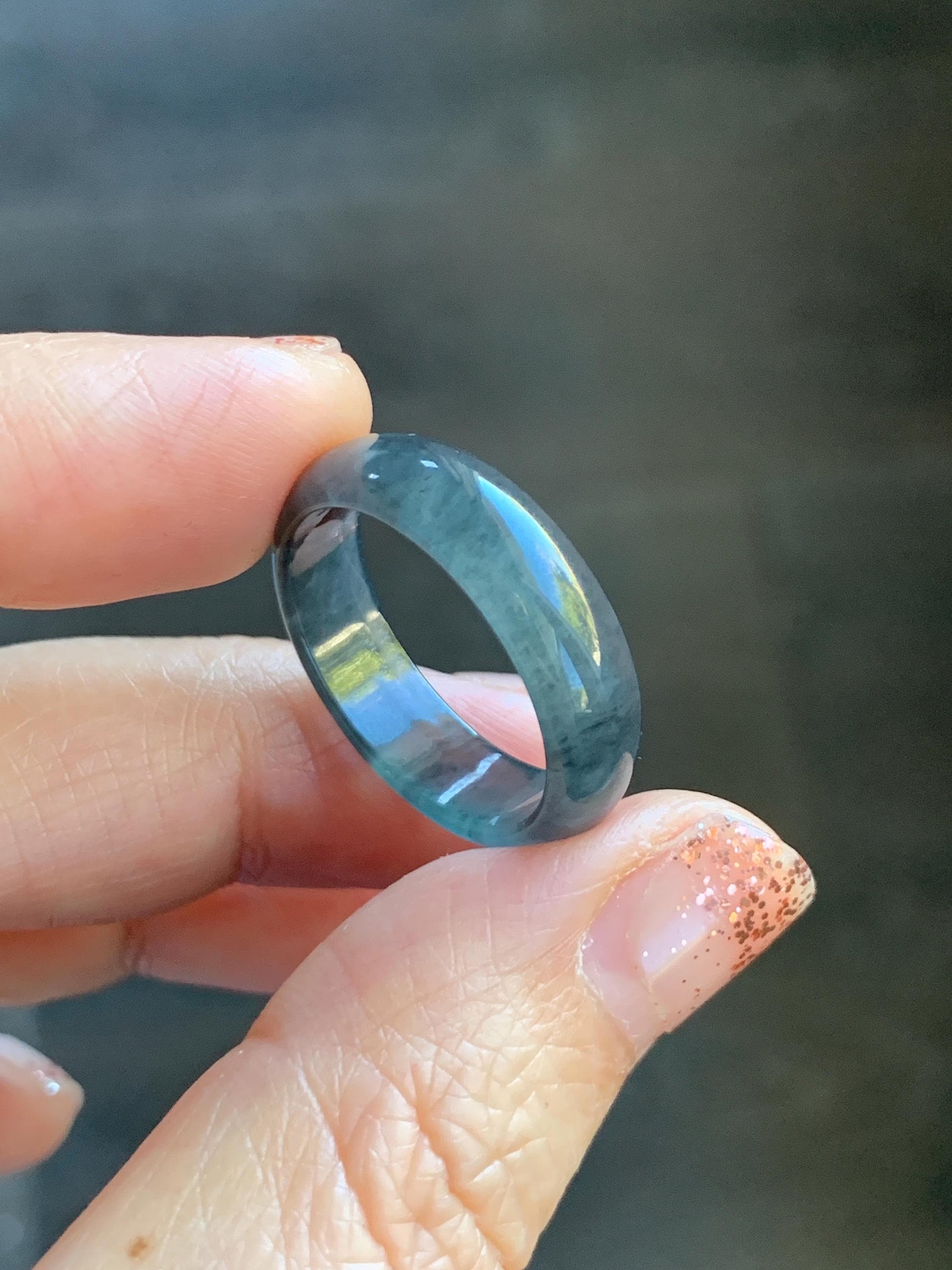Natural Grade A Guatemalan Icy Highly Translucent Wuji Jade Jadeite Band Ring Size 9.75 US 天然高冰危蓝乌鸡翡翠戒圈 GWW330A