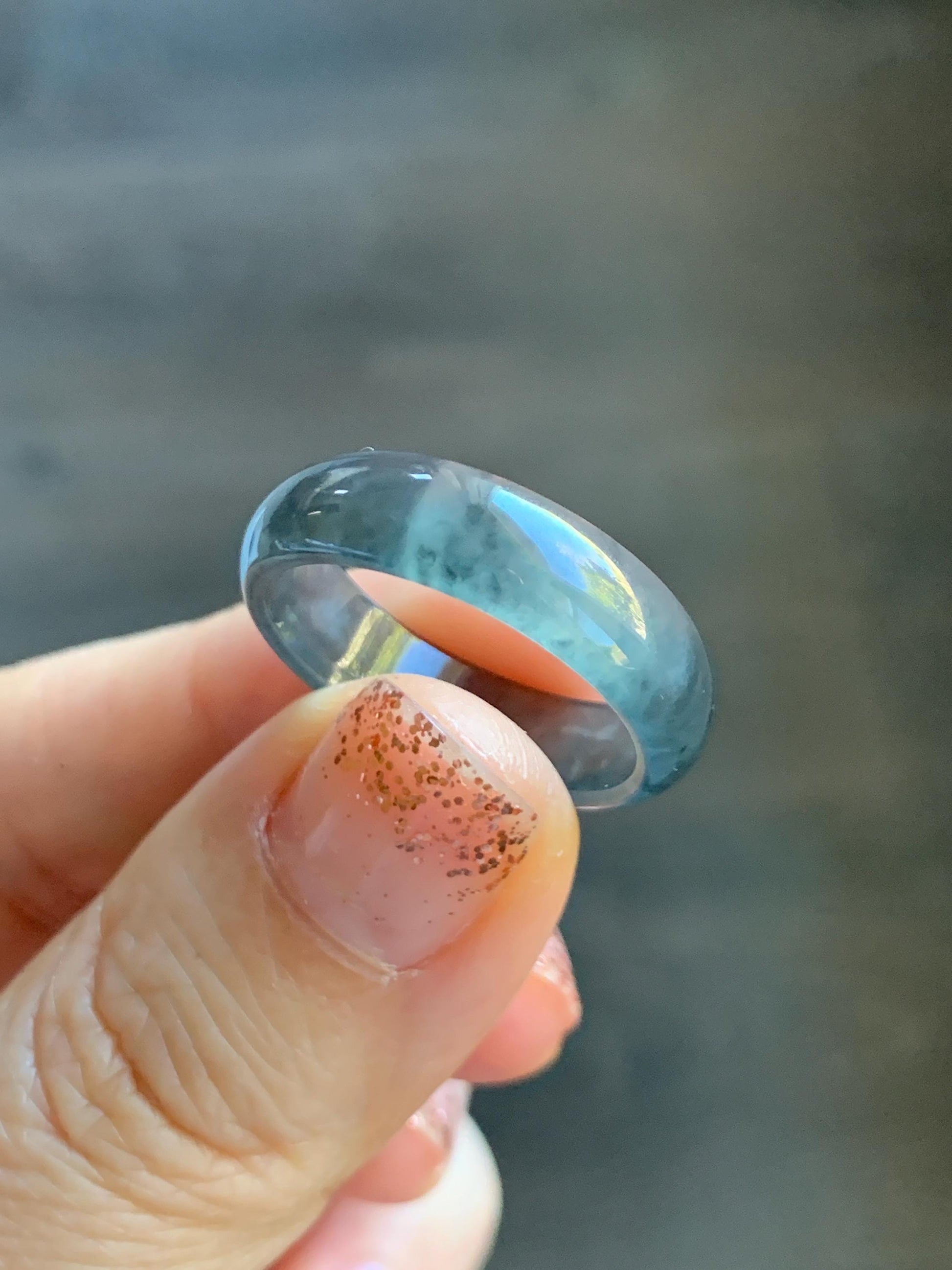 Natural Grade A Guatemalan Icy Highly Translucent Wuji Jade Jadeite Band Ring Size 9.75 US 天然高冰危蓝乌鸡翡翠戒圈 GWW330A